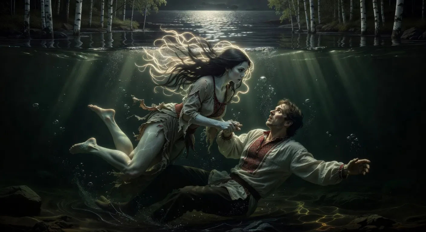 Rusalka draws a man under in a birch grove