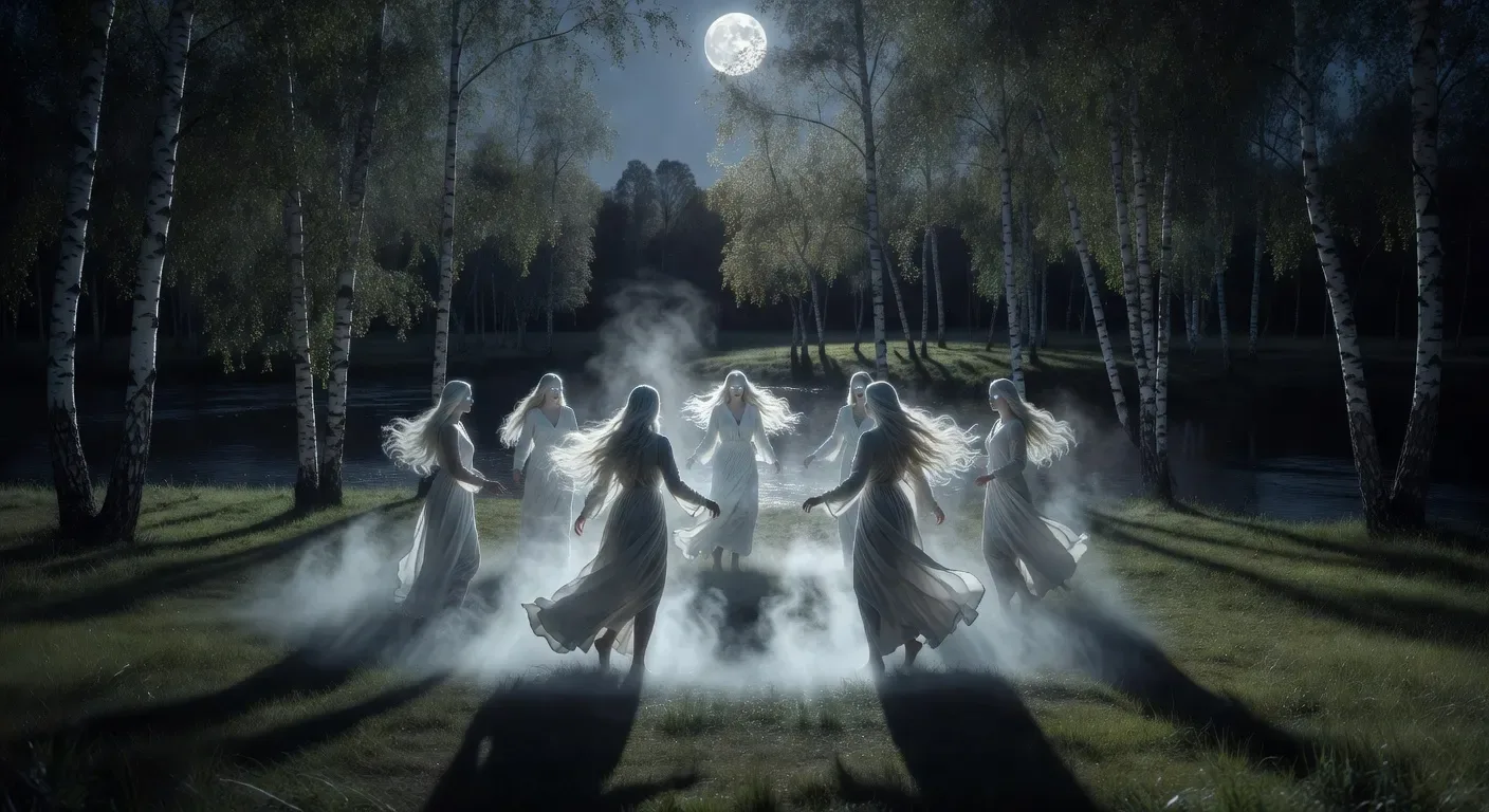 Rusalka coven dance on a riverbank at midnight
