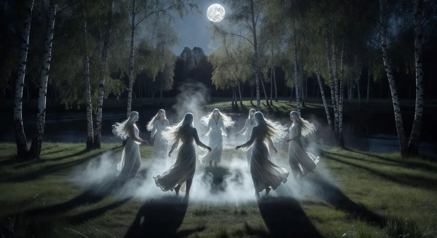 Rusalka coven dance on a riverbank at midnight