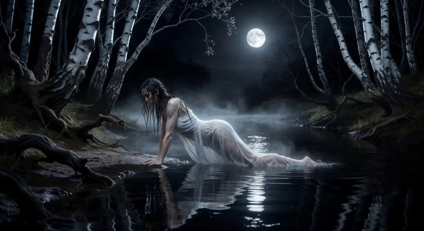 Rusalka rises from a moonlit black river