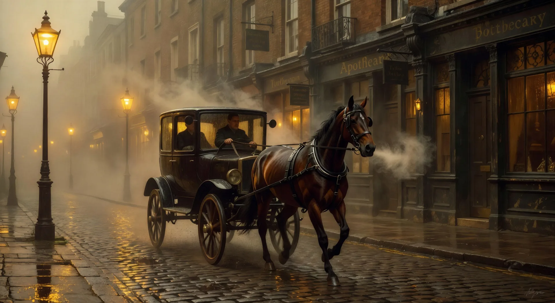 A hansom cab in the London fog