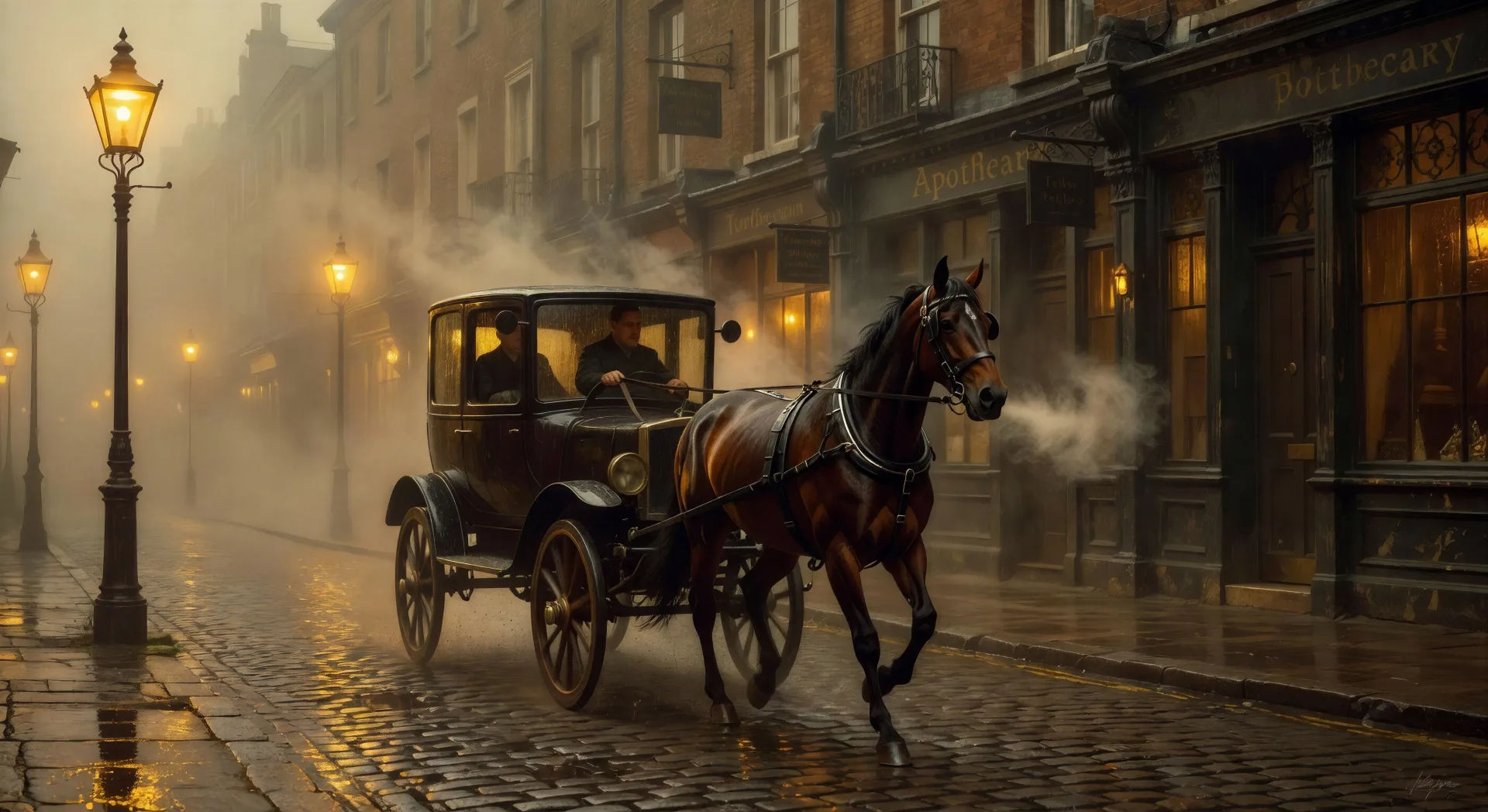 Eine Droschke im Londoner Nebel