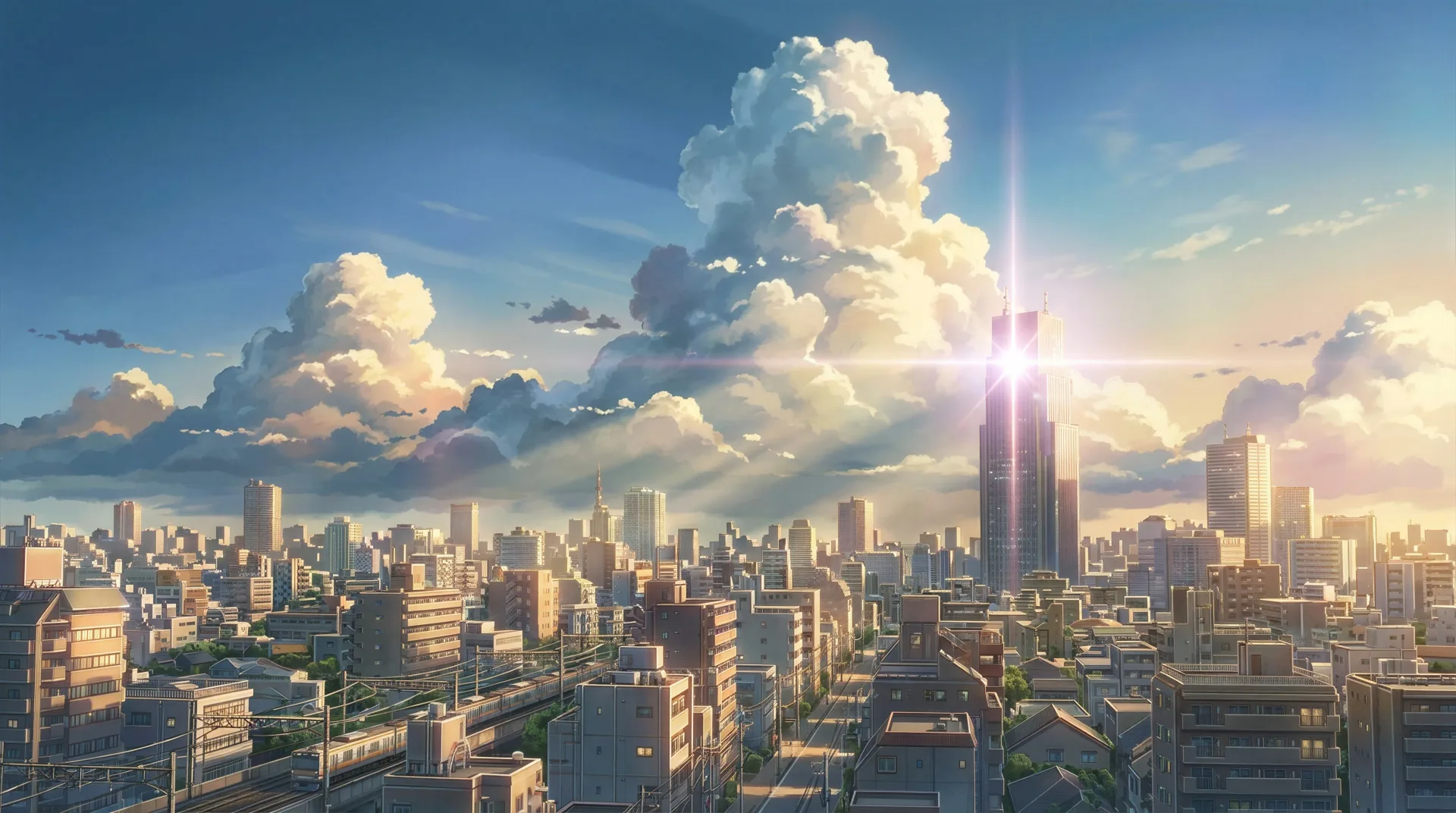 Cumulus clouds over a city at golden hour