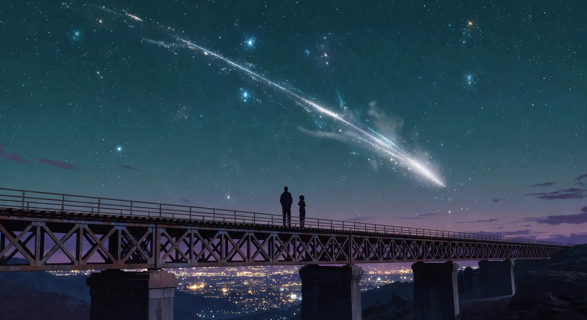 Comet trail across deep teal sky