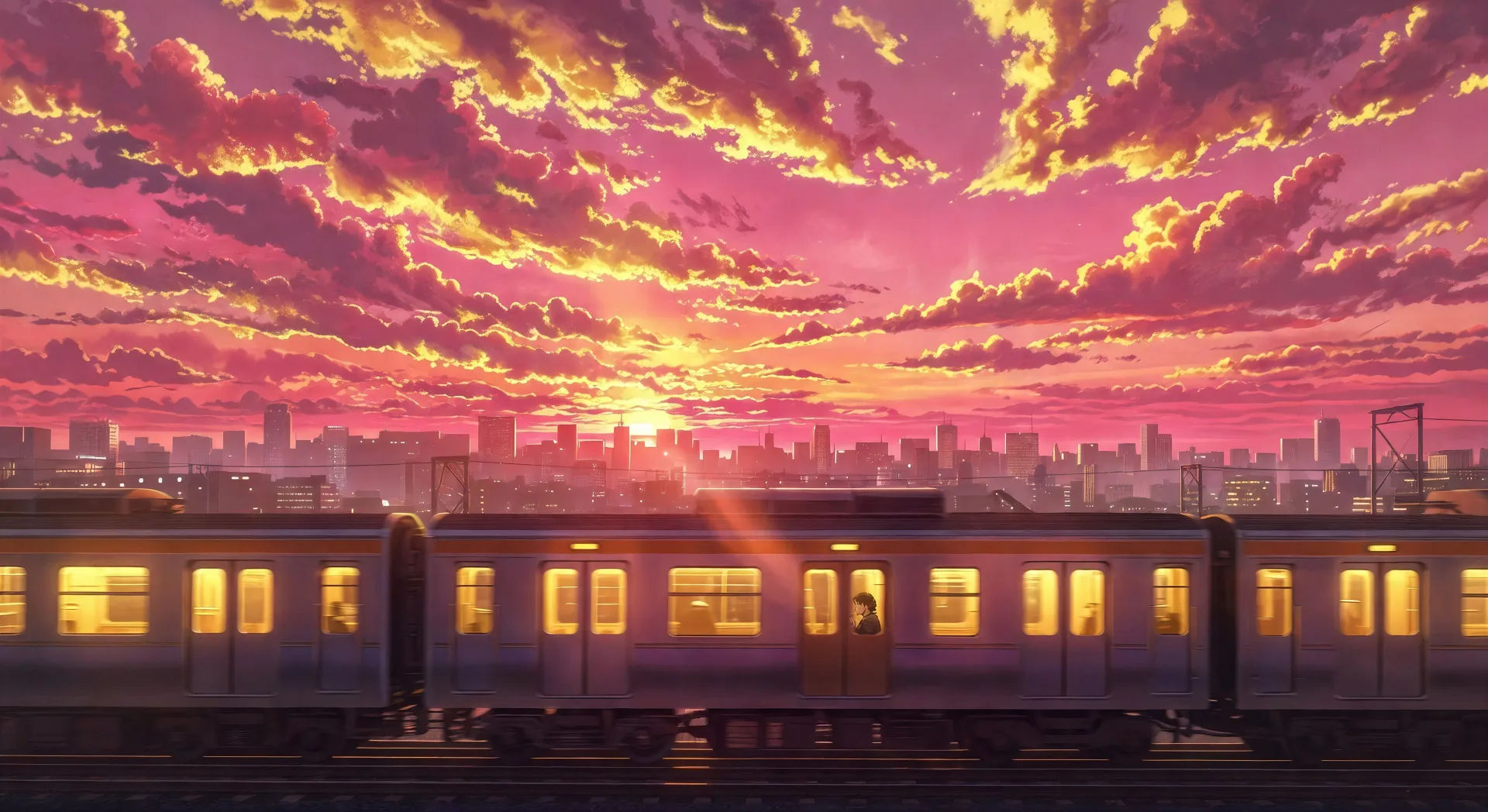 Tren que brilla sobre la ciudad al atardecer