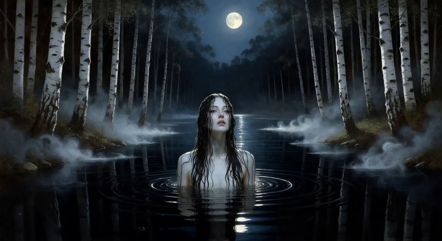 Rusalka emerge de un río negro bajo la luna
