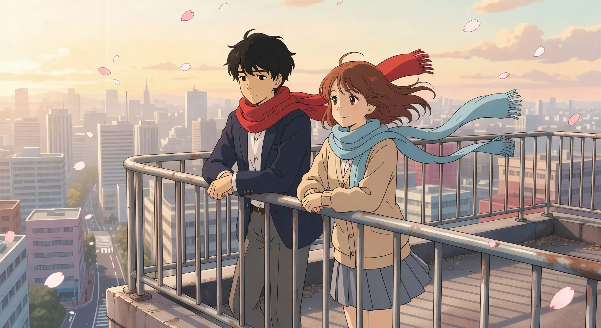 School rooftop confession at golden hour