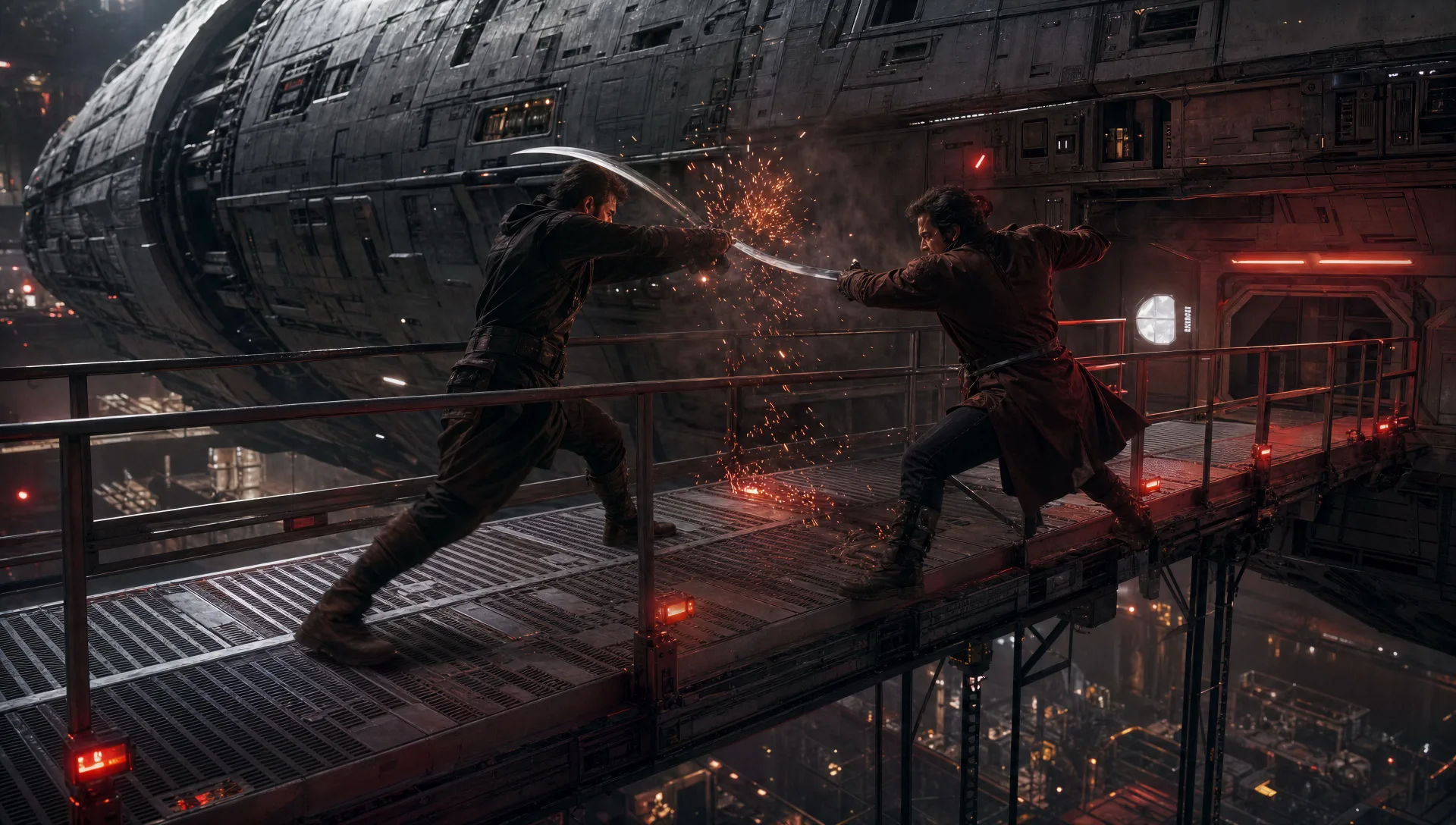 Docking-bay catwalk hand-to-hand duel