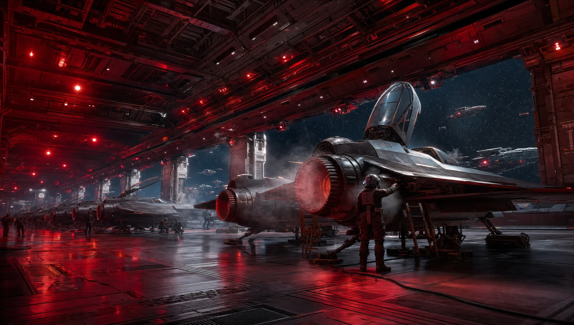 Hangar deck of a star-cruiser under red alert