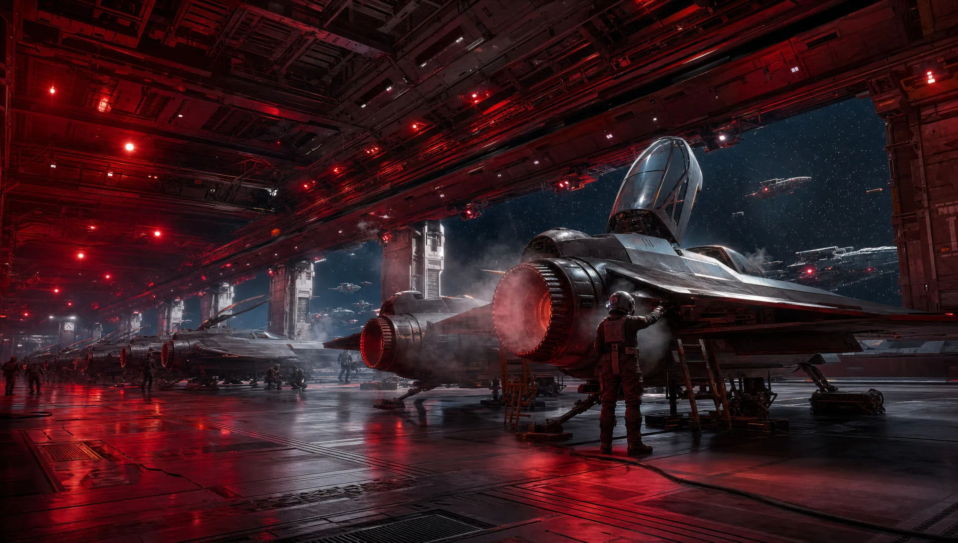 Hangar deck of a star-cruiser under red alert