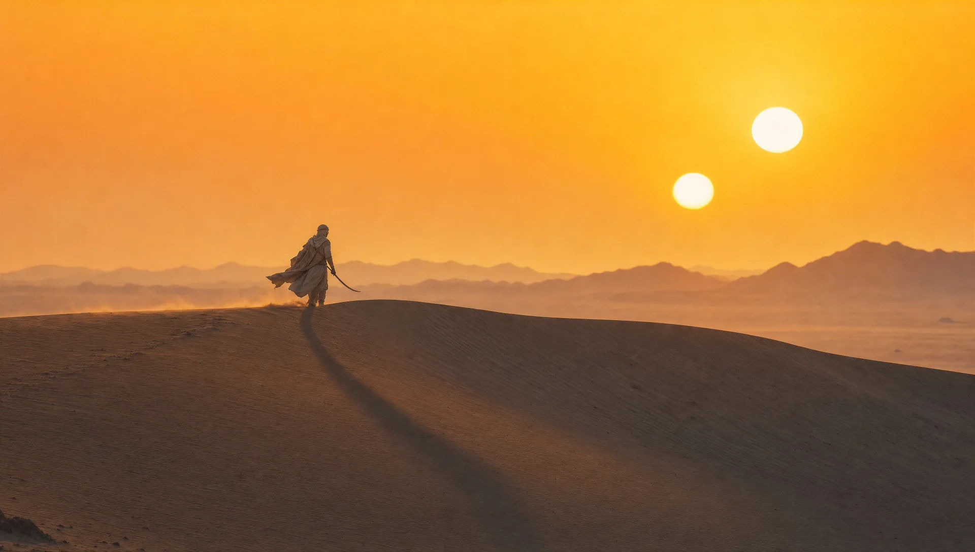 Twin-sun ochre dune at sunset