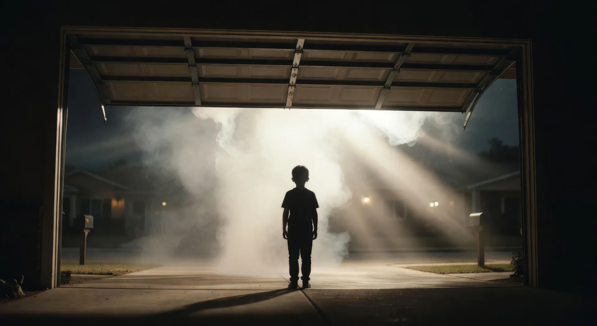 Garage door opening into smoke and god-rays