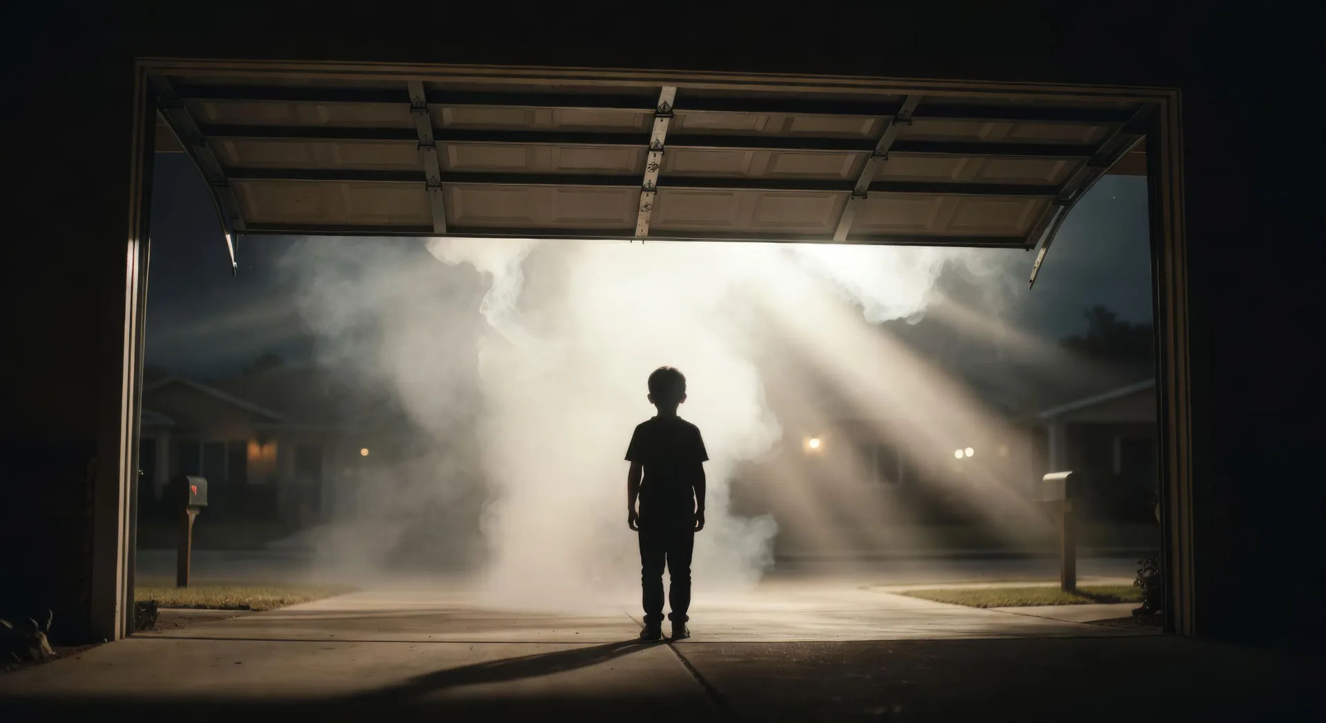Garage door opening into smoke and god-rays