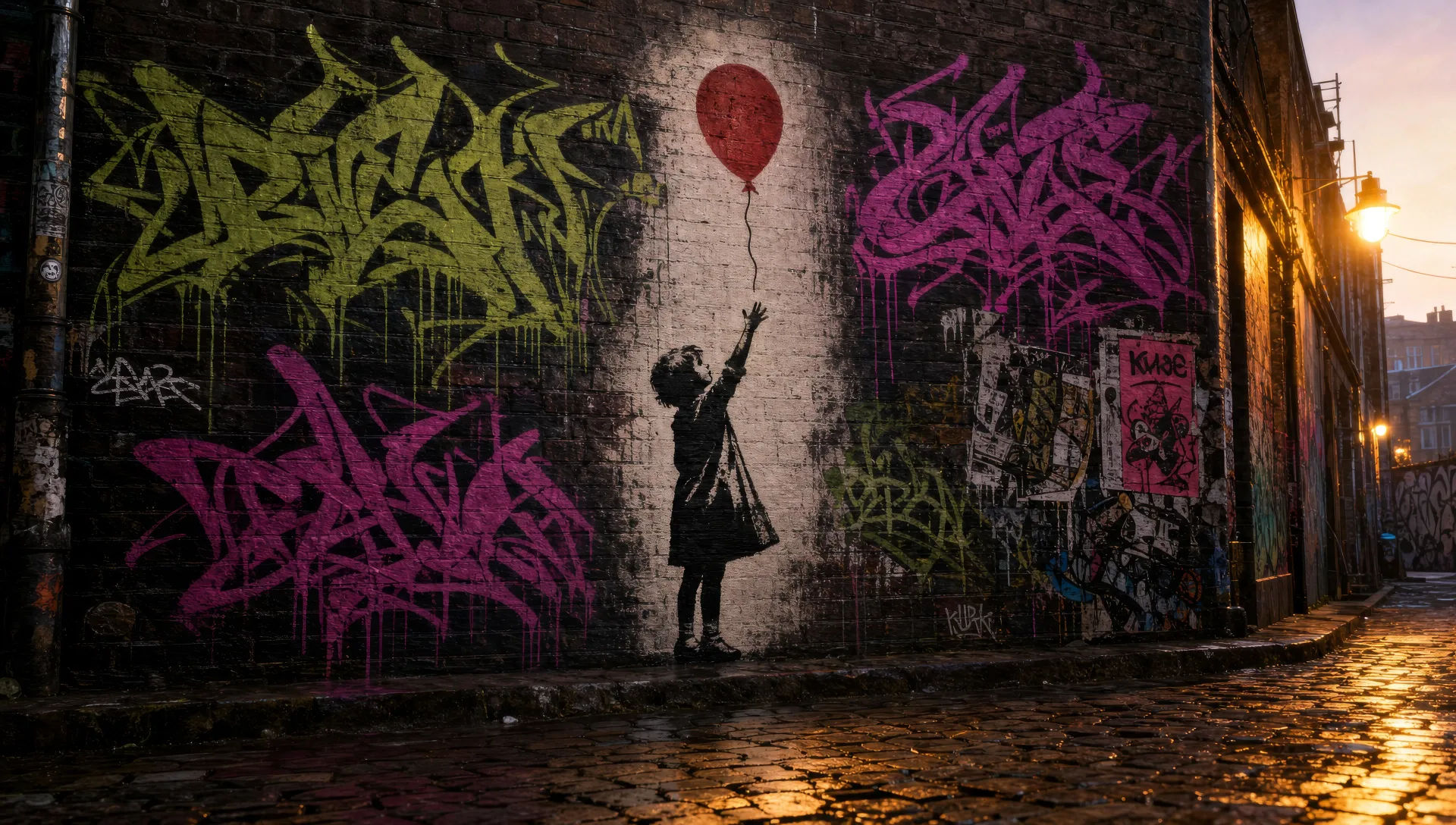 Gassen-Ziegelwand mit Schablone und Tags