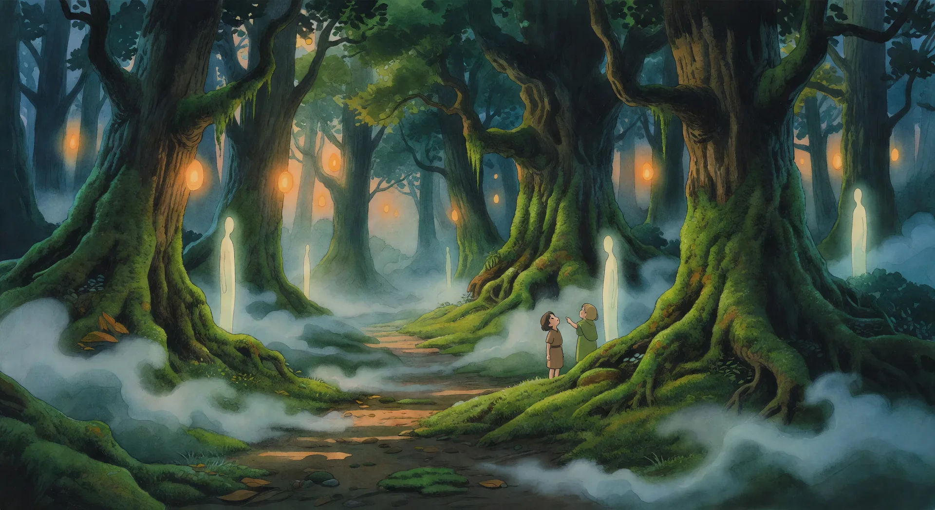 Bosque de espíritus al anochecer