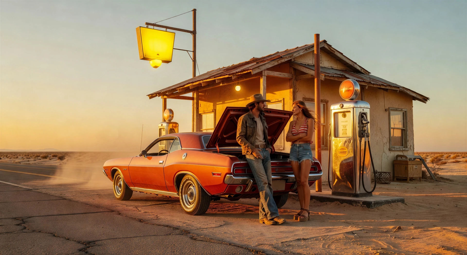 Posto de gasolina no sertão ao entardecer