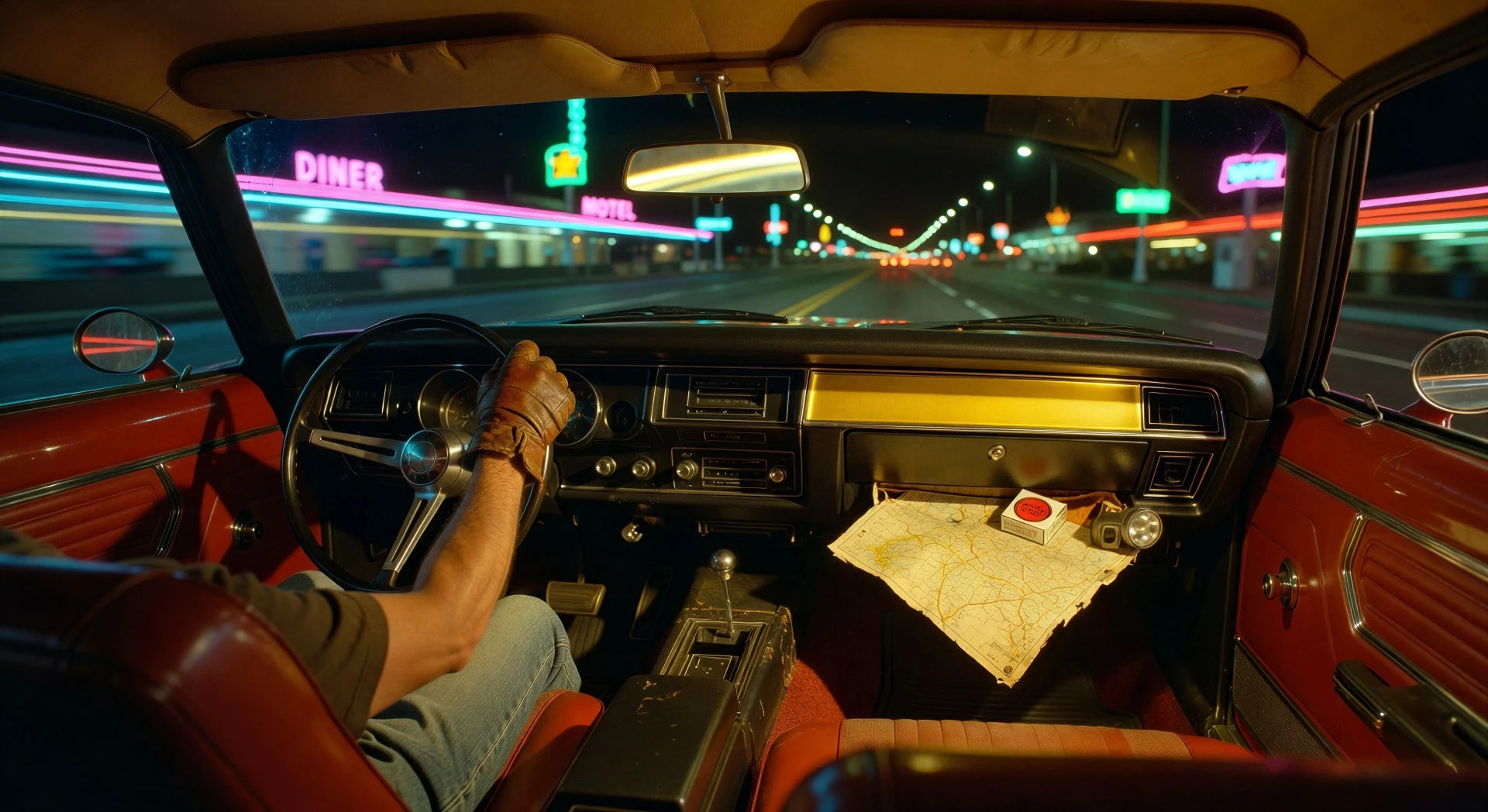 Interior de un muscle car de noche