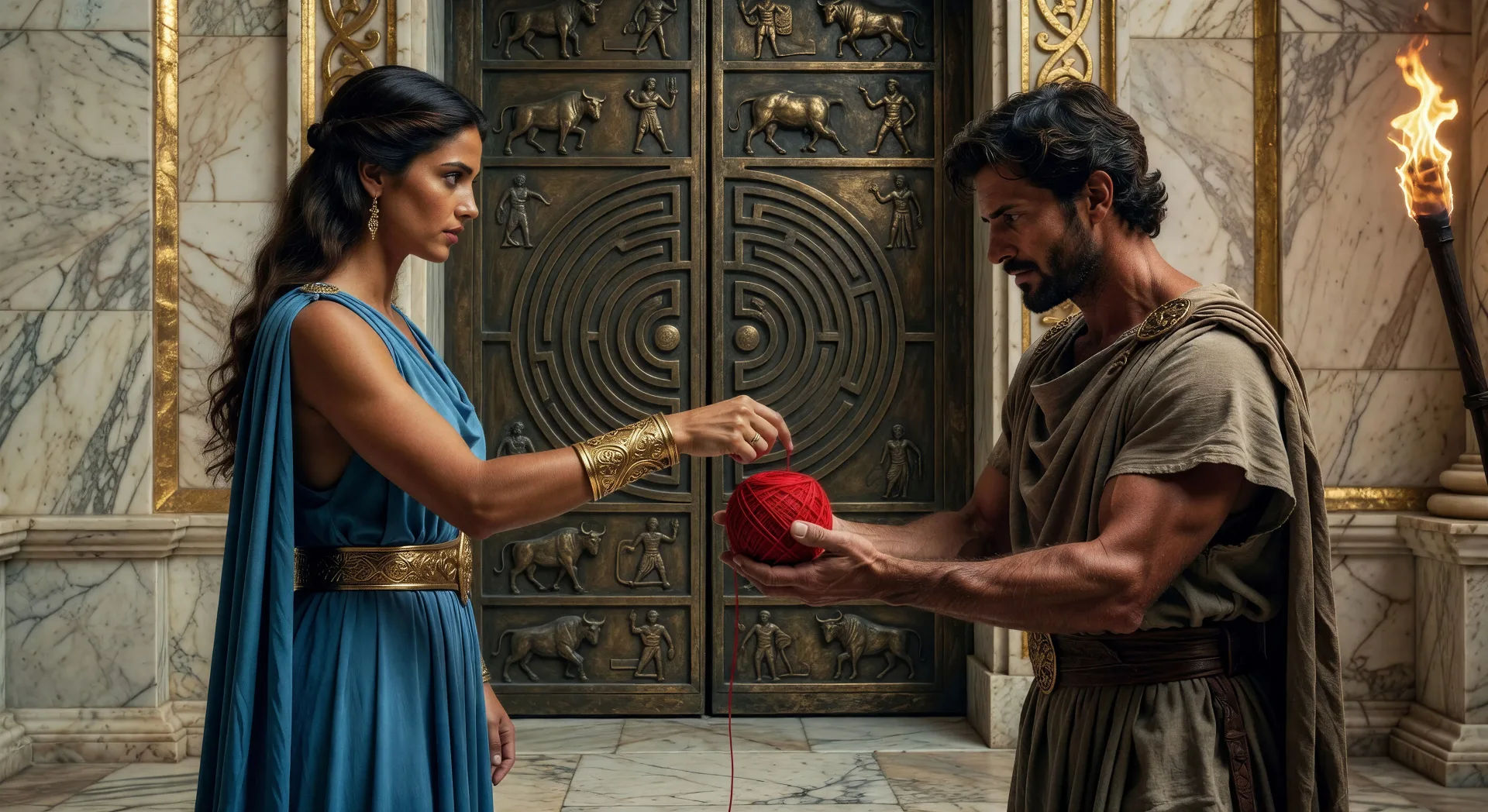 Ariadne hands Theseus the thread