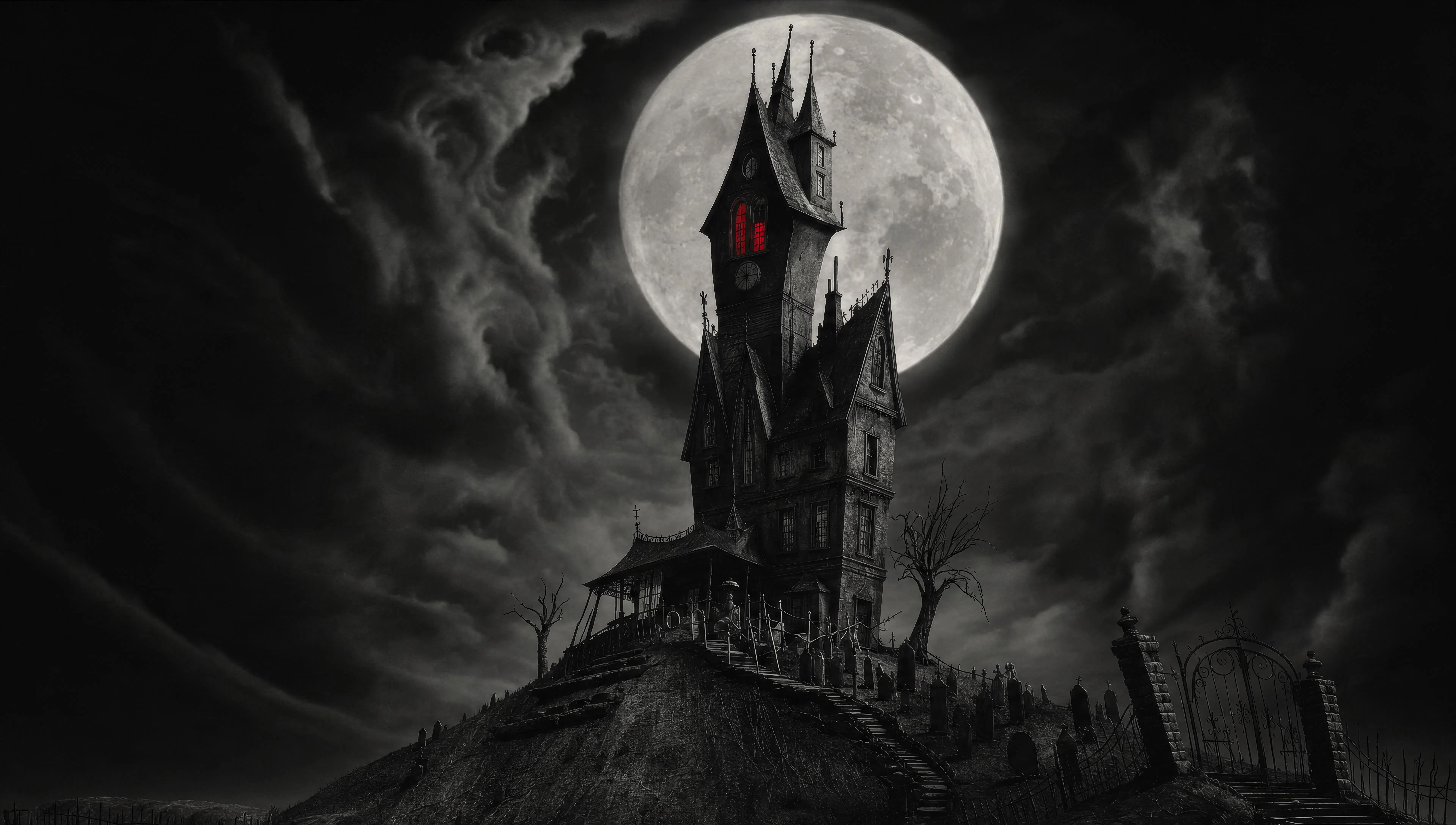 Schiefes Herrenhaus unter einem geschwollenen Mond