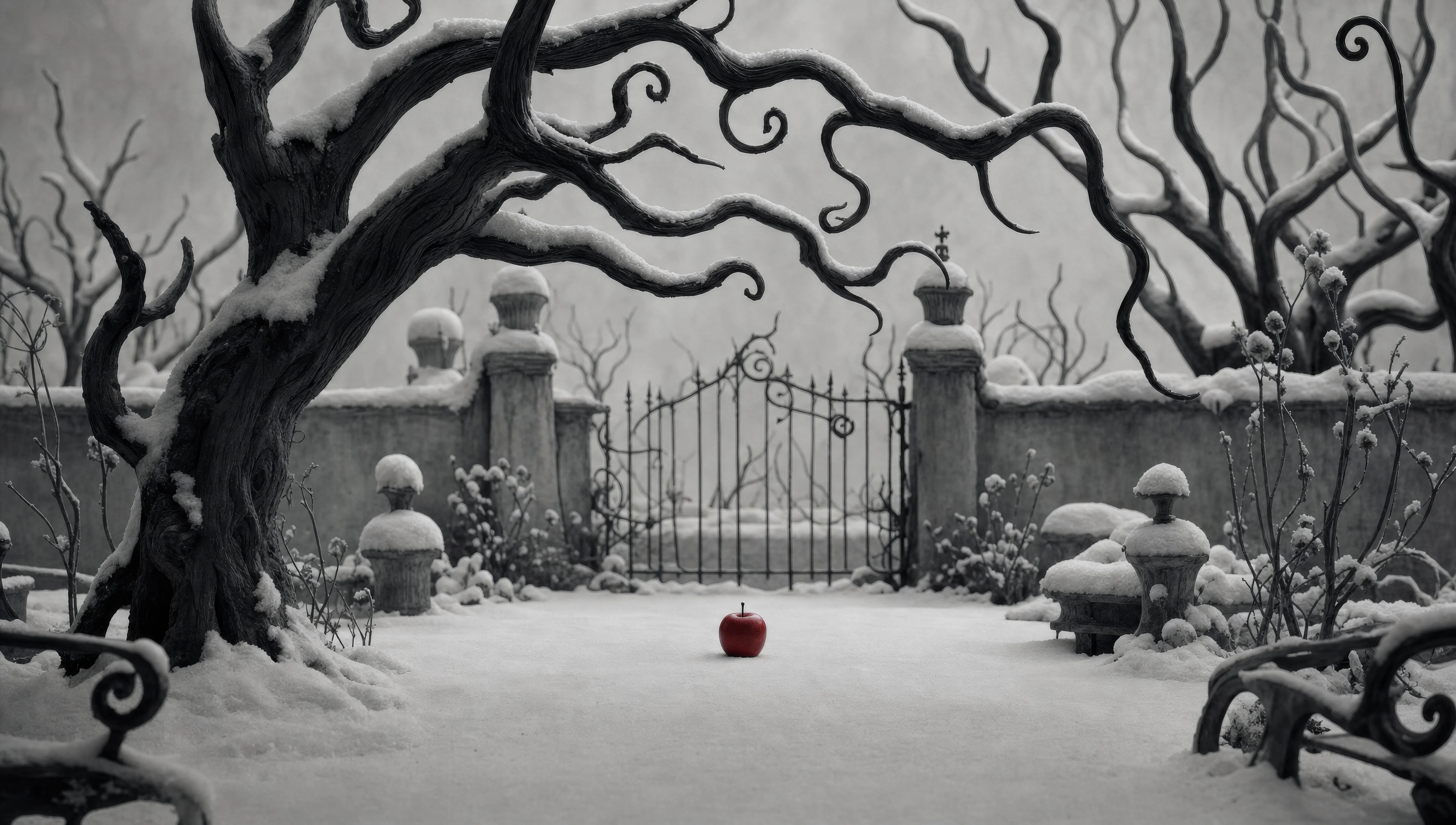 Snow garden with one red apple