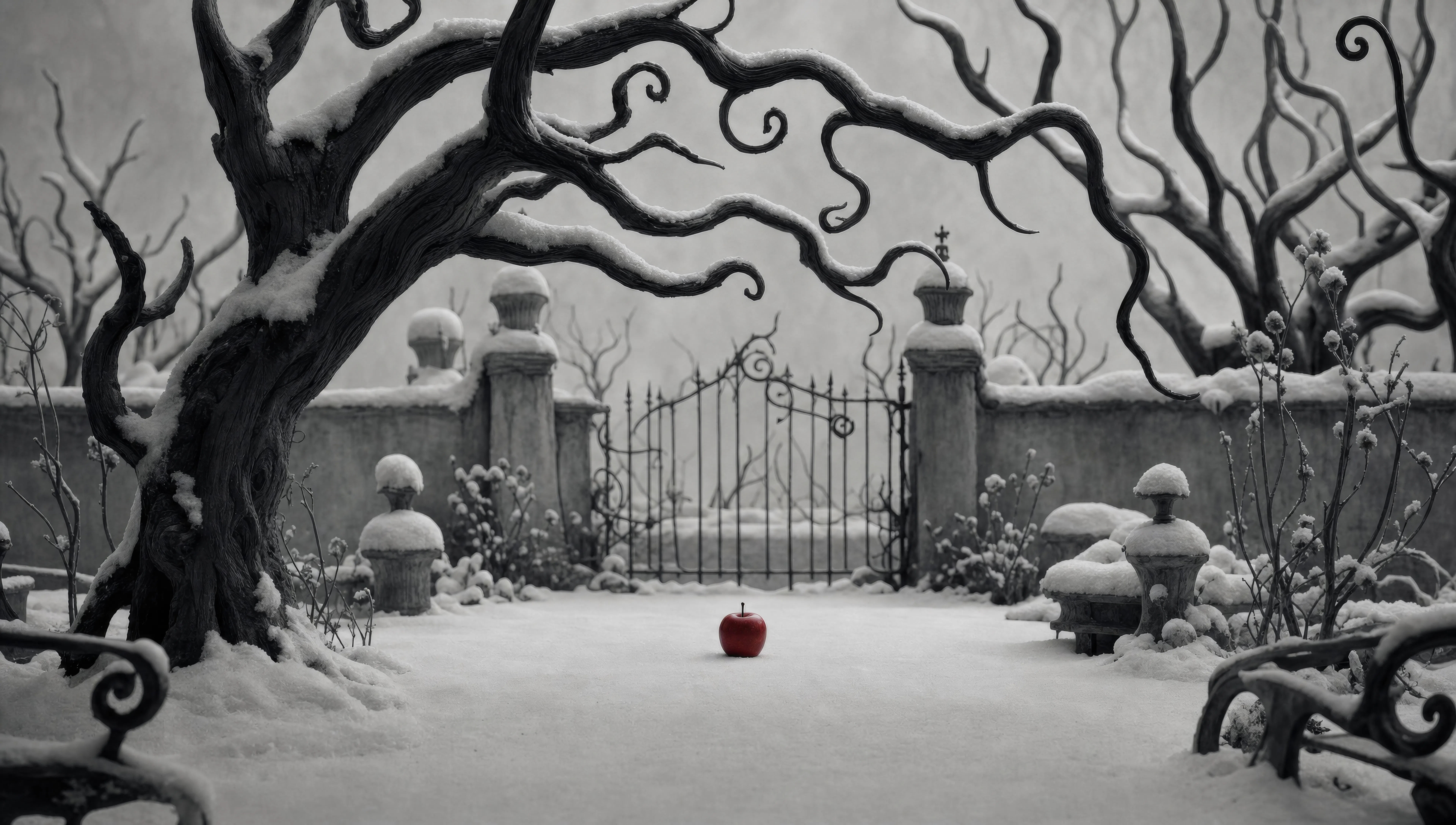 Snow garden with one red apple