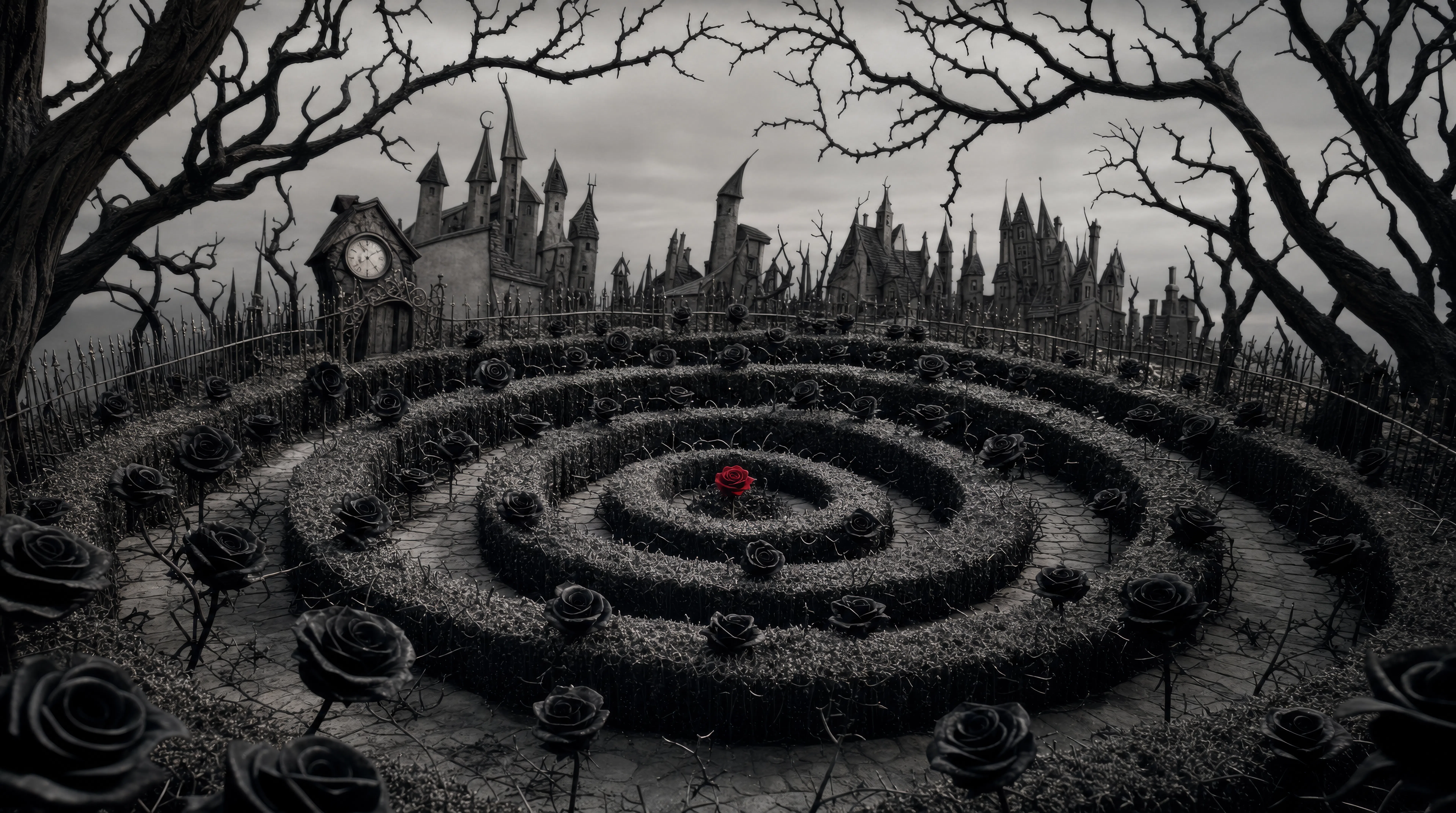 Spiral garden of dead roses