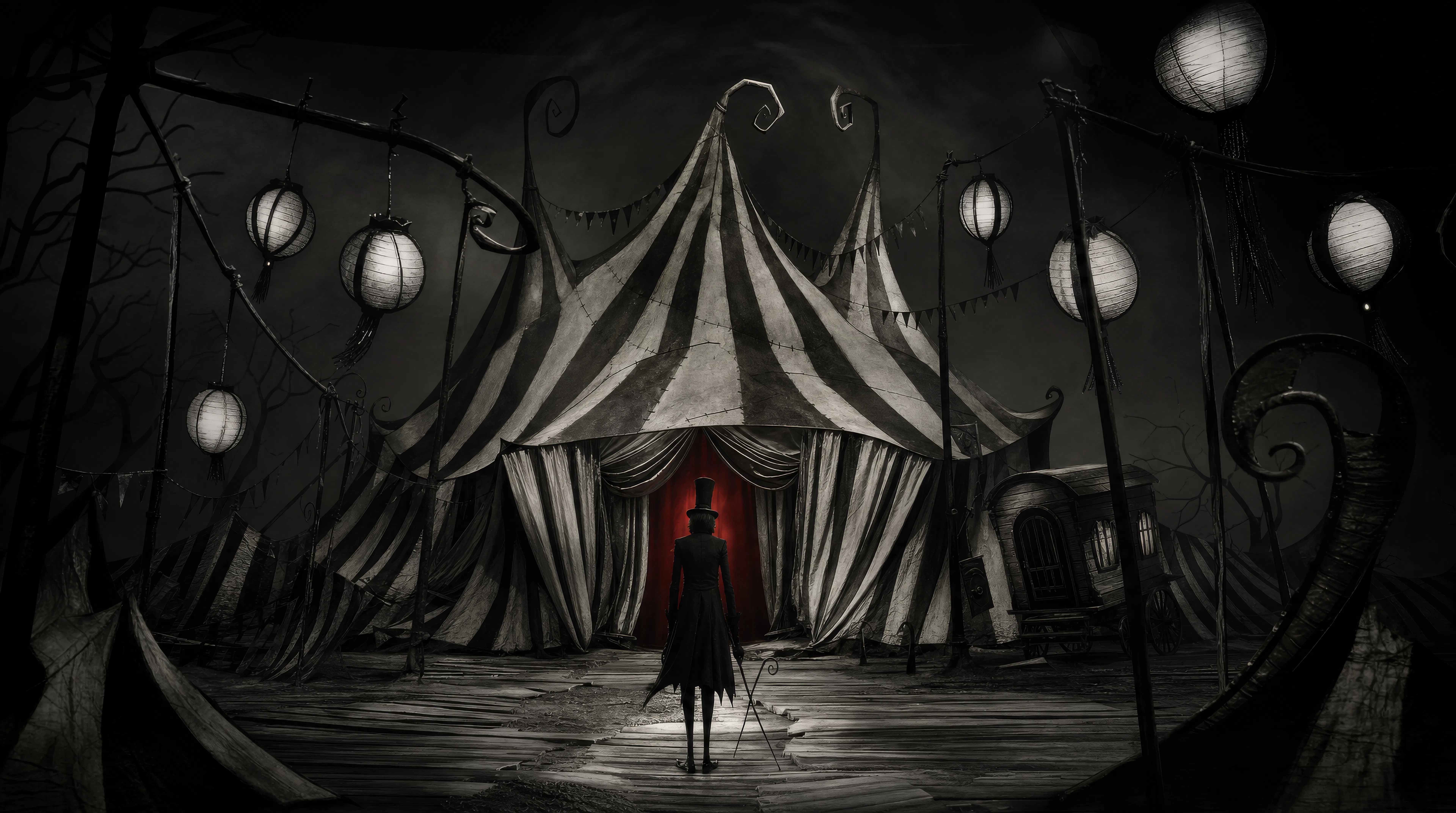 Striped circus tent at midnight