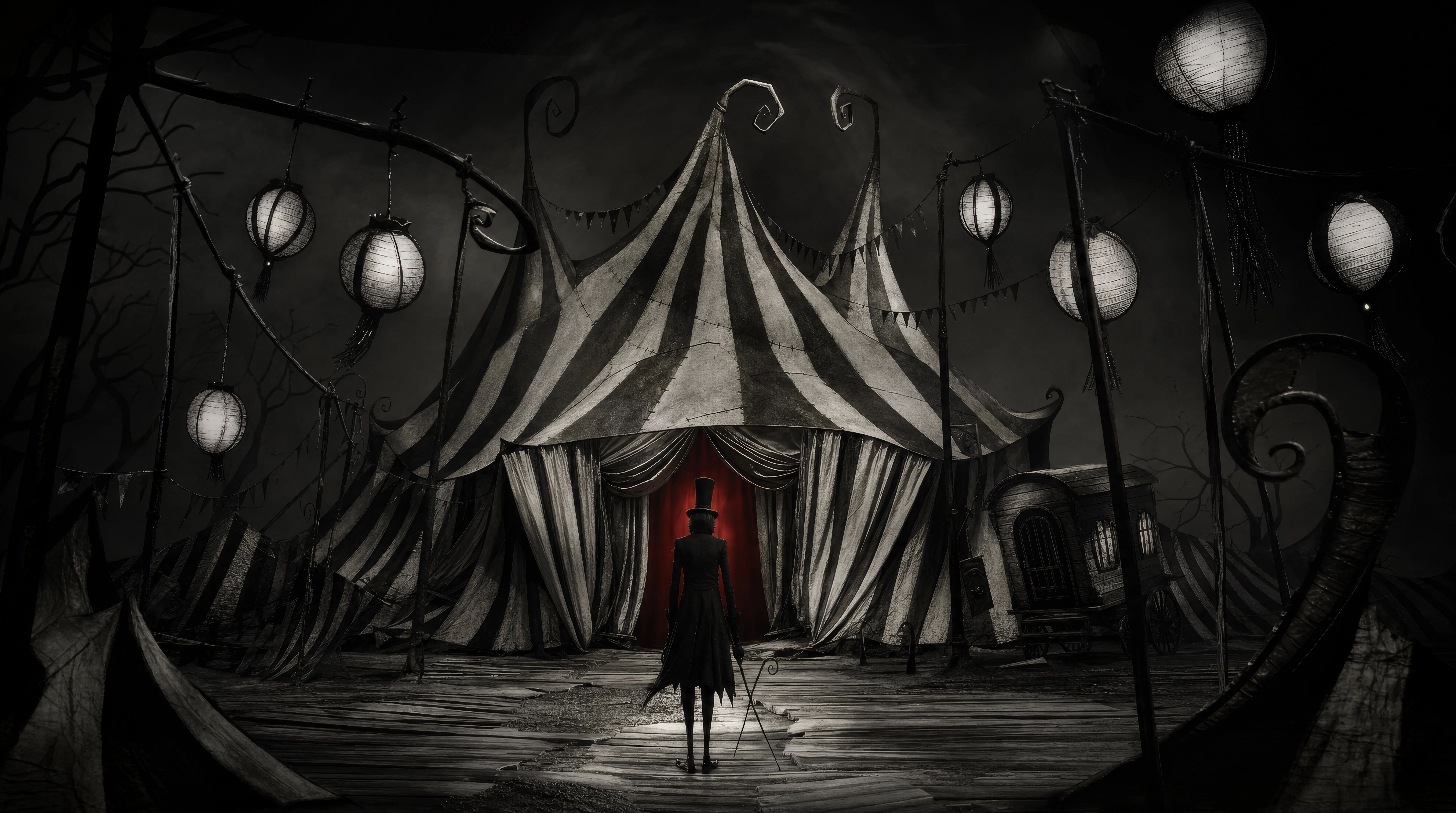 Striped circus tent at midnight
