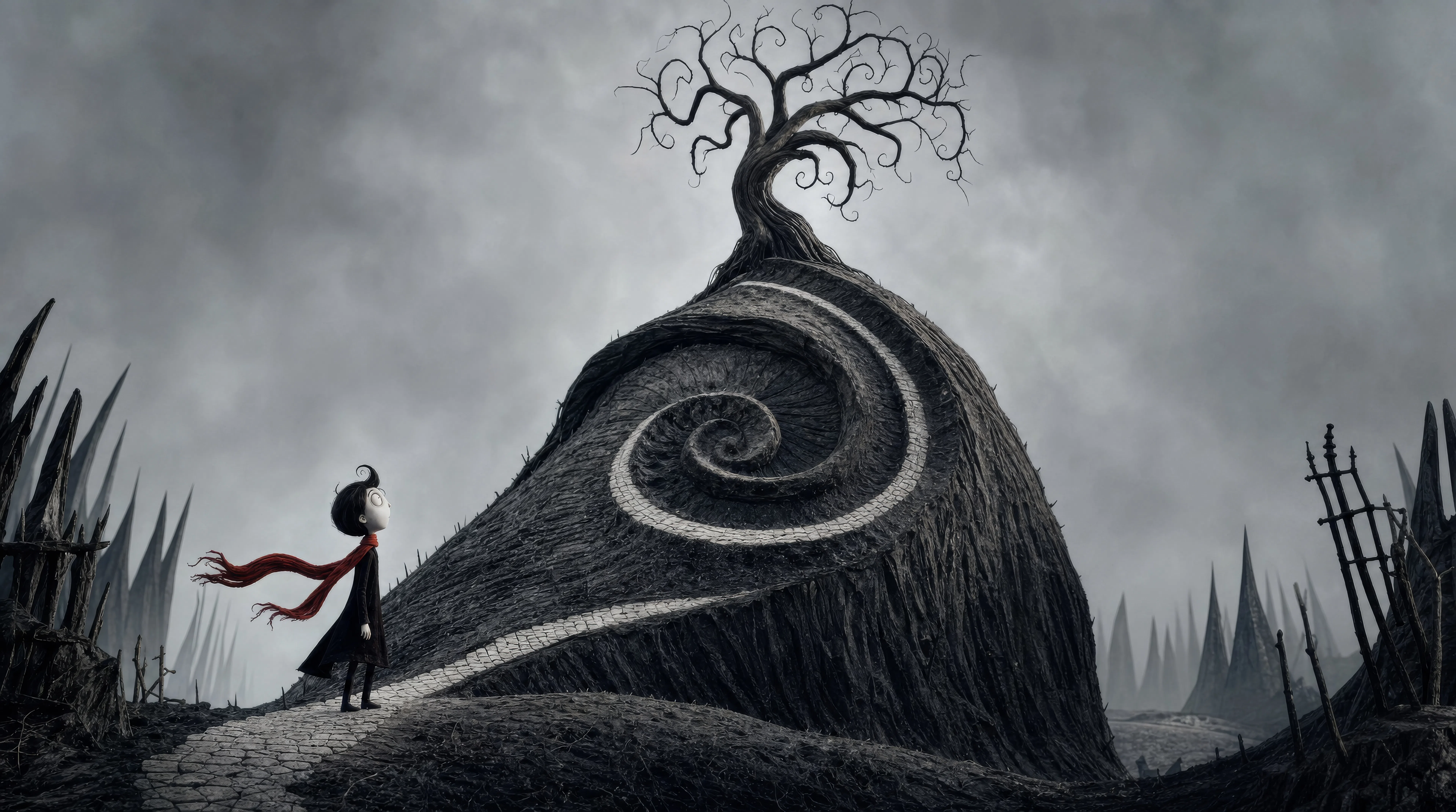 A dead tree on a spiral hill