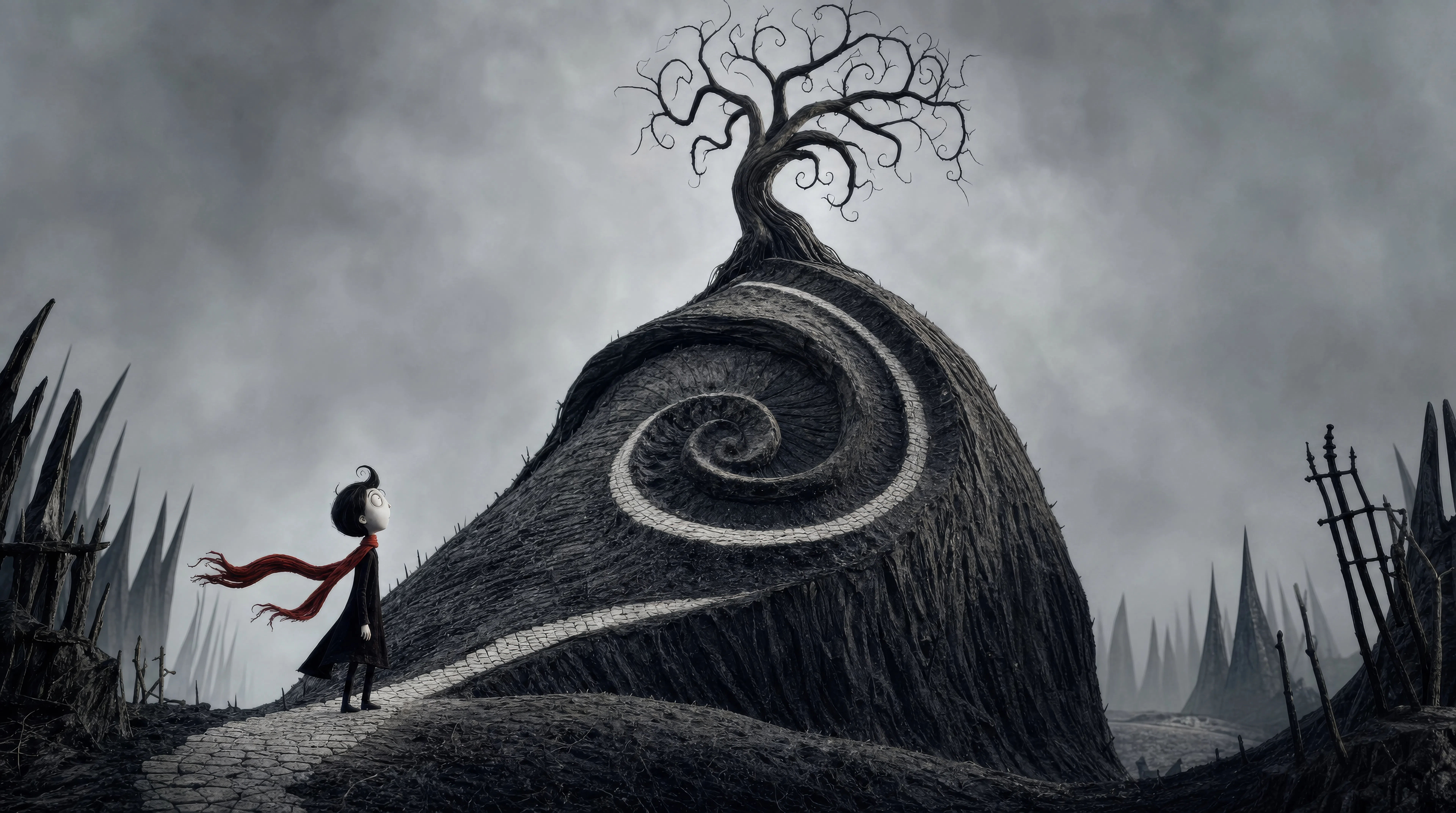 Un árbol seco en una colina en espiral