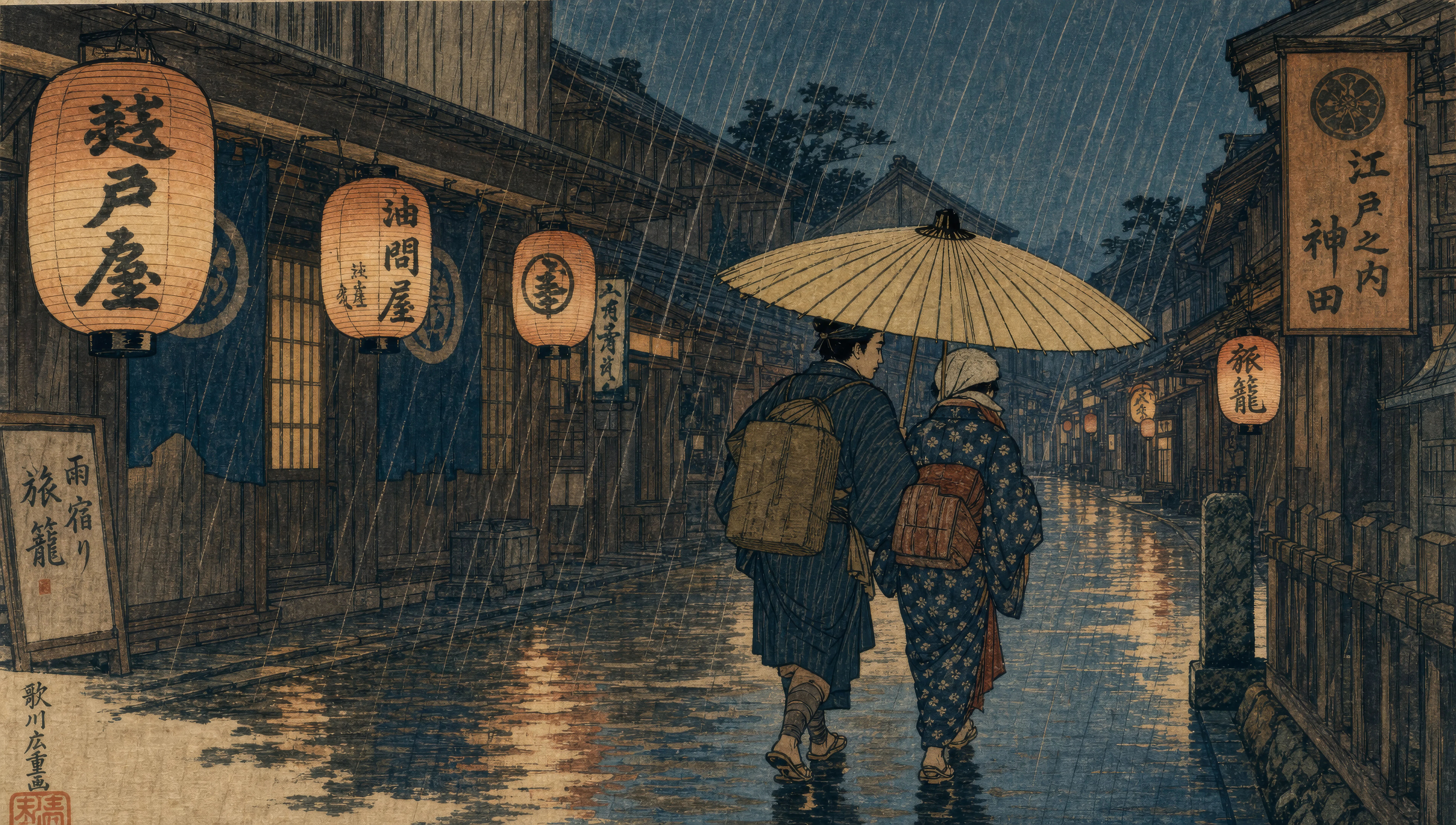 Rain over a paper-lantern street