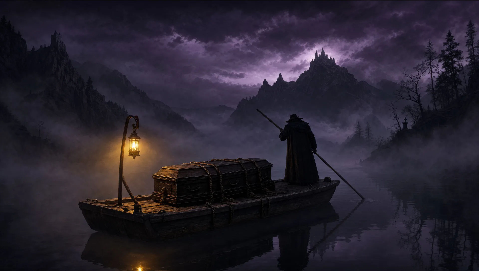 La barca en el río con neblina a medianoche