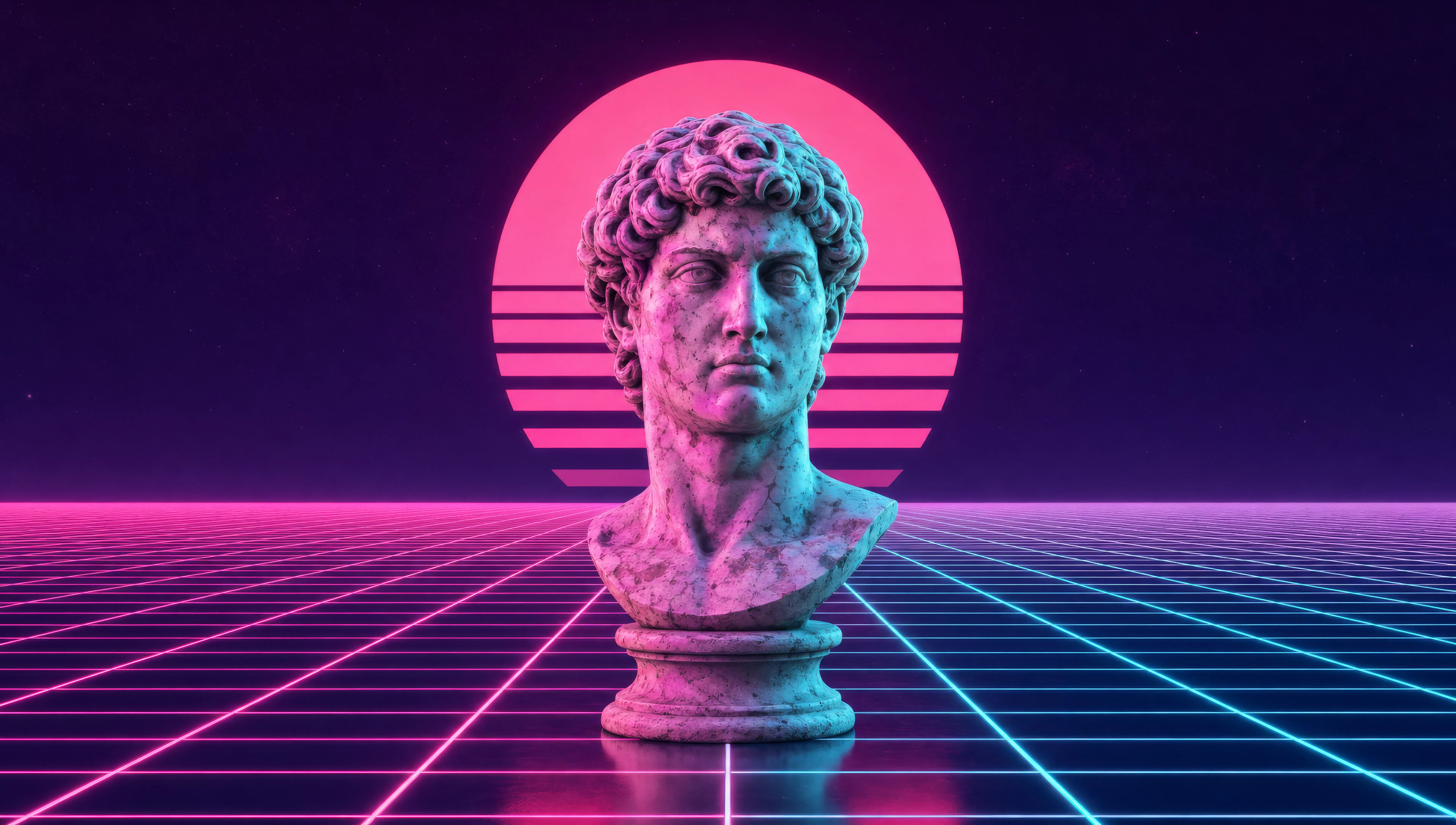 Roman bust over a pink-cyan grid horizon