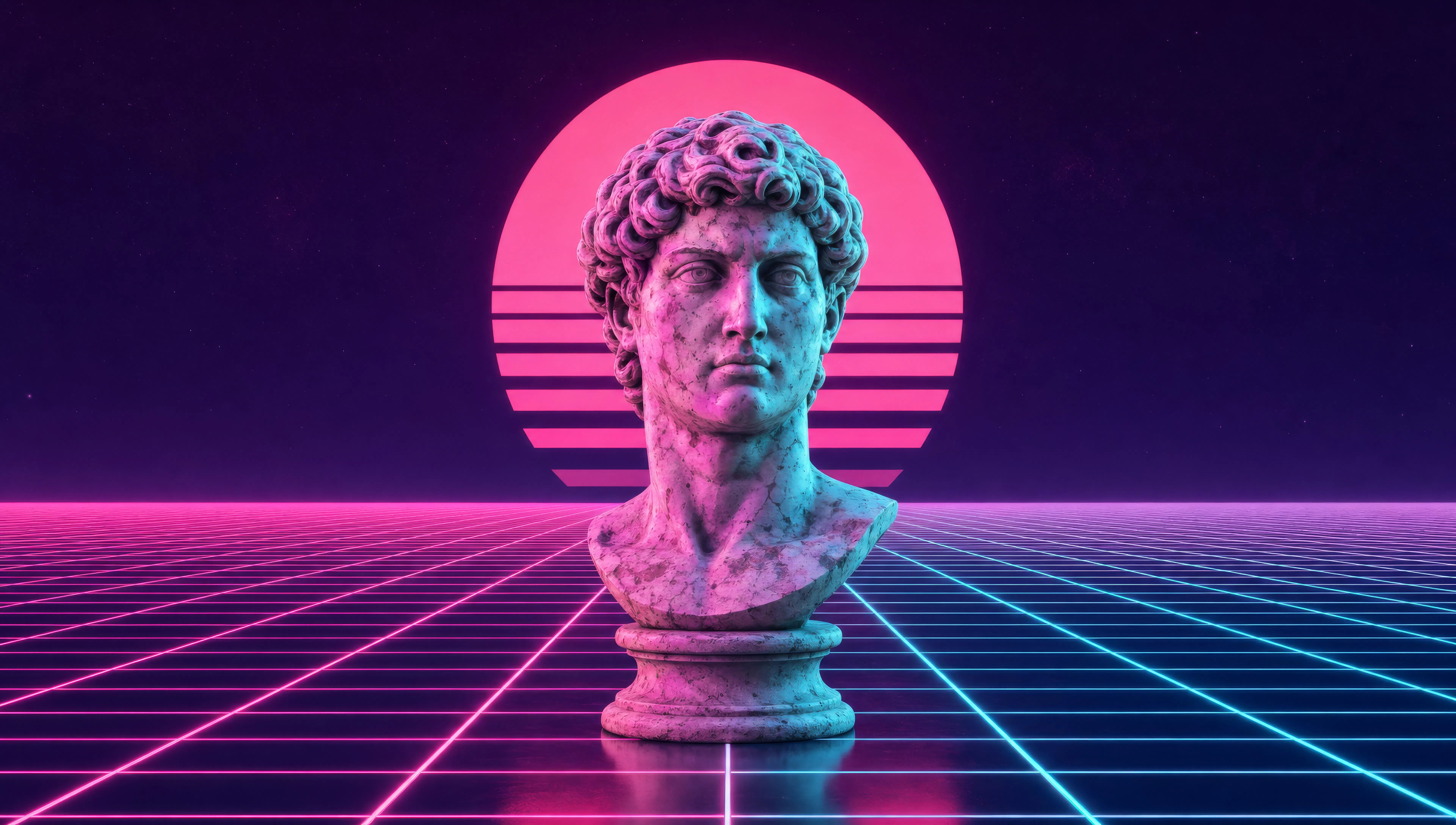 Busto romano sobre um horizonte em grade rosa-ciano