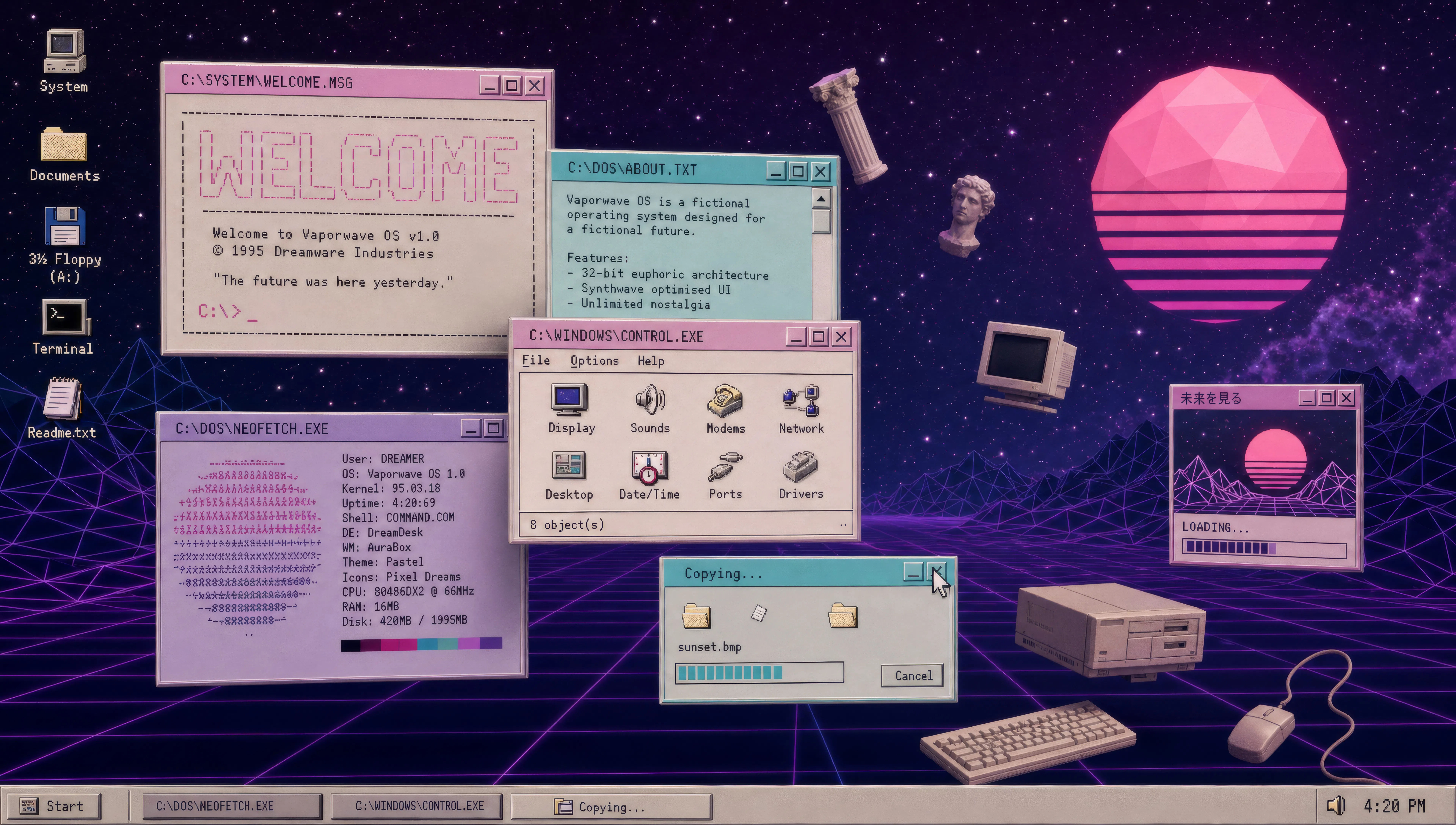 Windows-95-Desktop im tiefen Weltraum