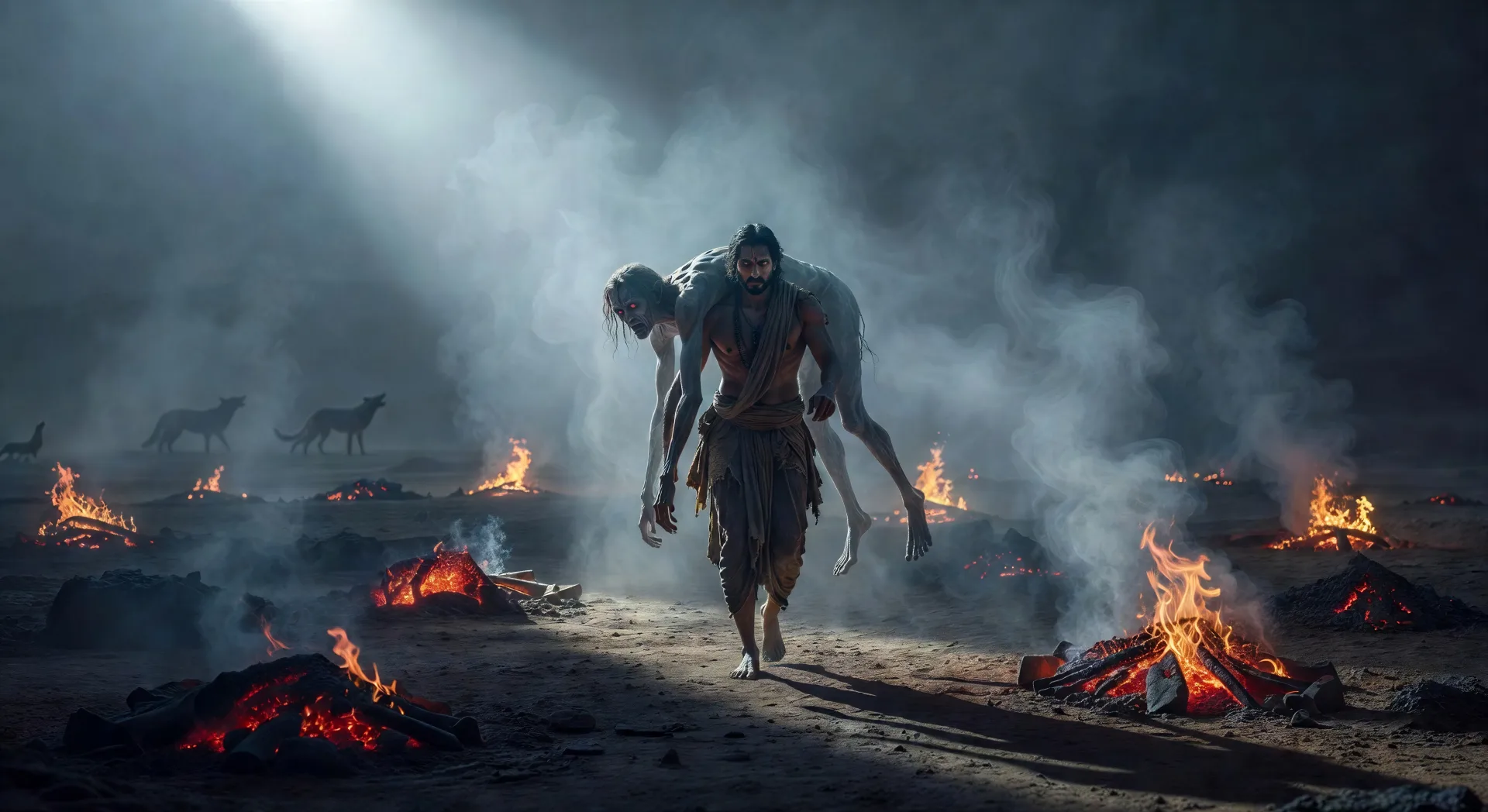 Vikram carries Betal across the cremation ground