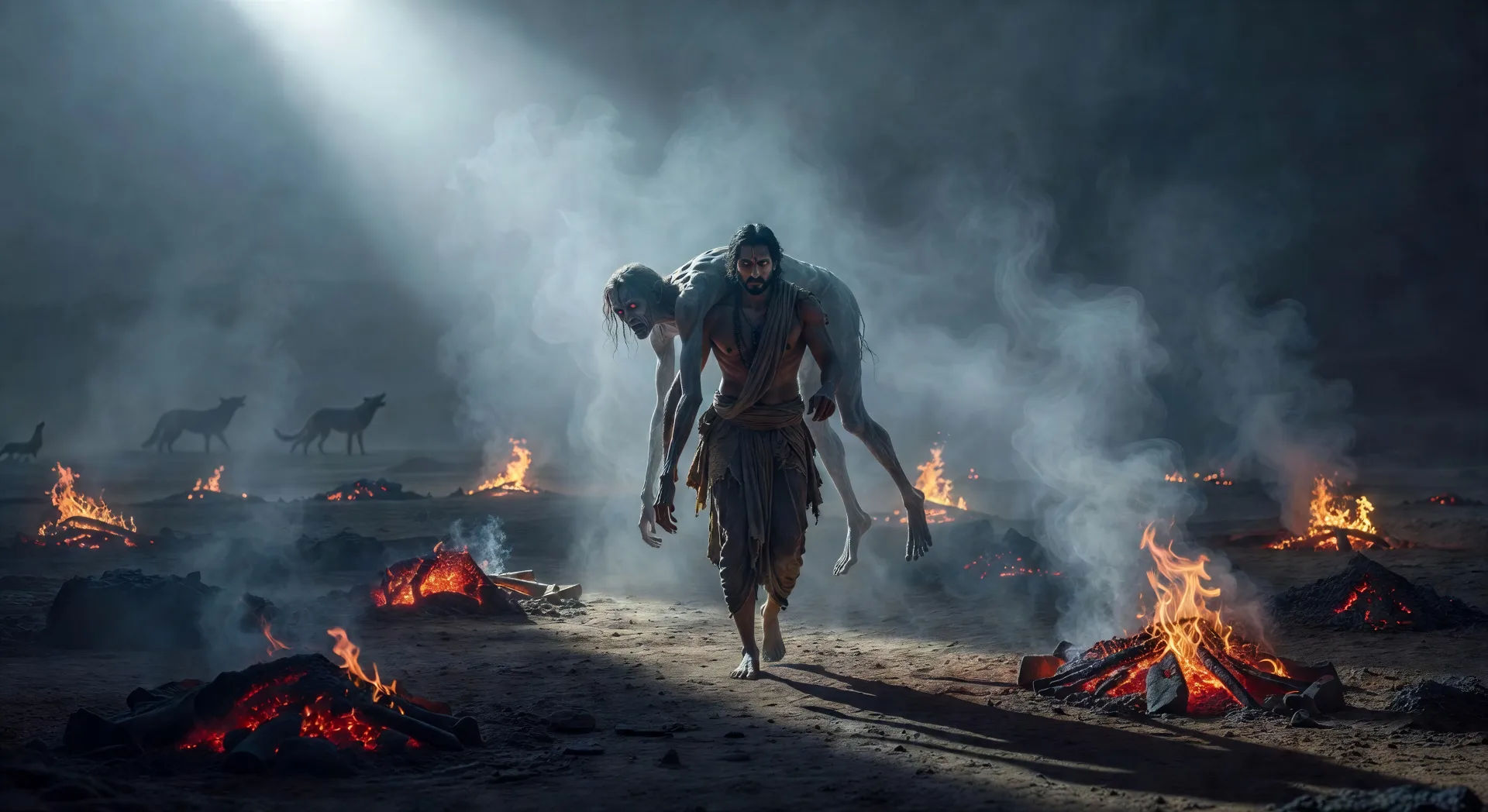 Vikram carga a Betal por el crematorio