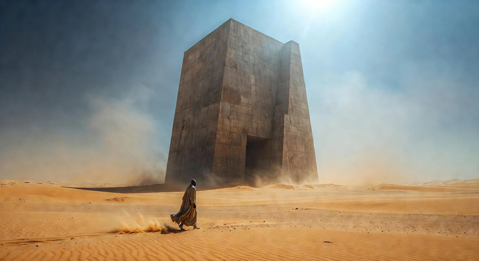 Brutalist monolith in ochre desert at noon
