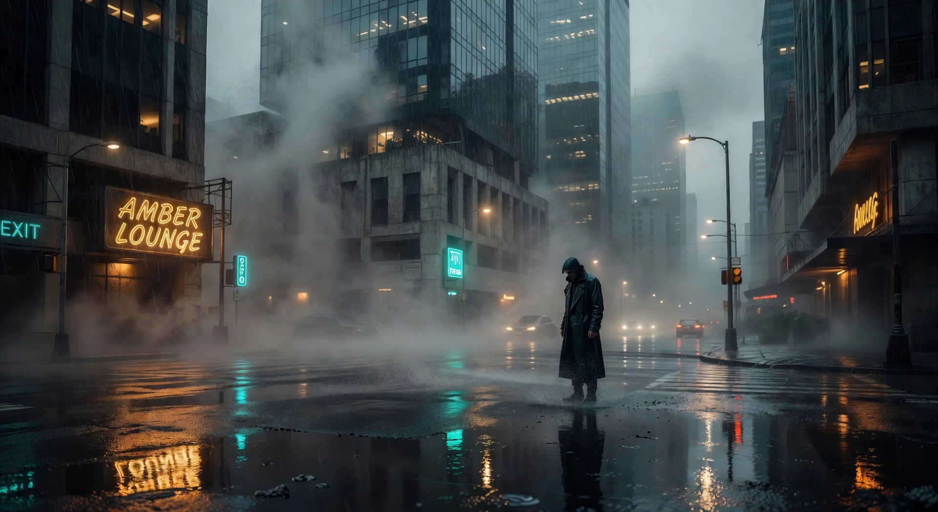 Neon-noir downpour at sunset