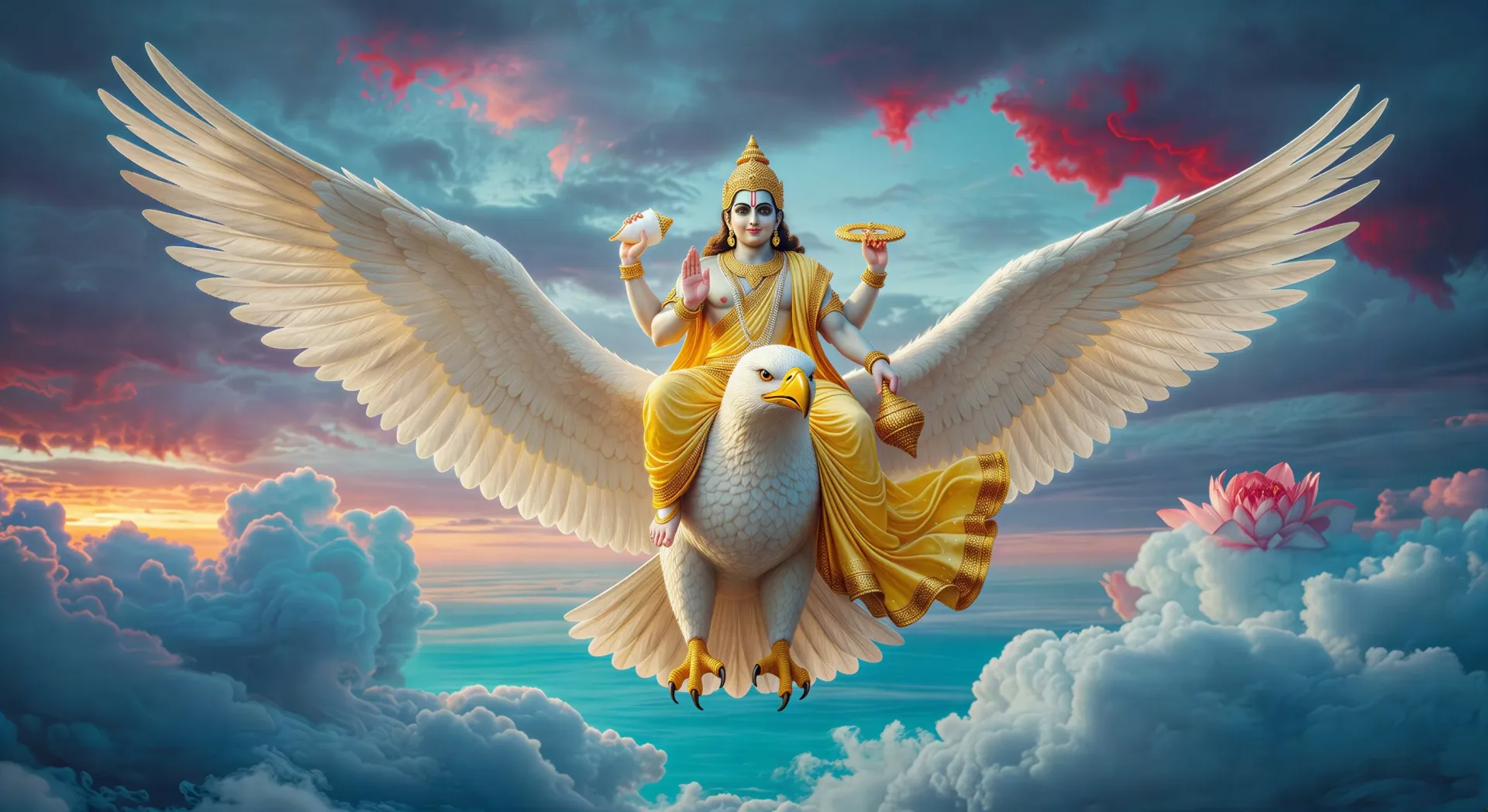 Vishnu rides Garuda across the sky