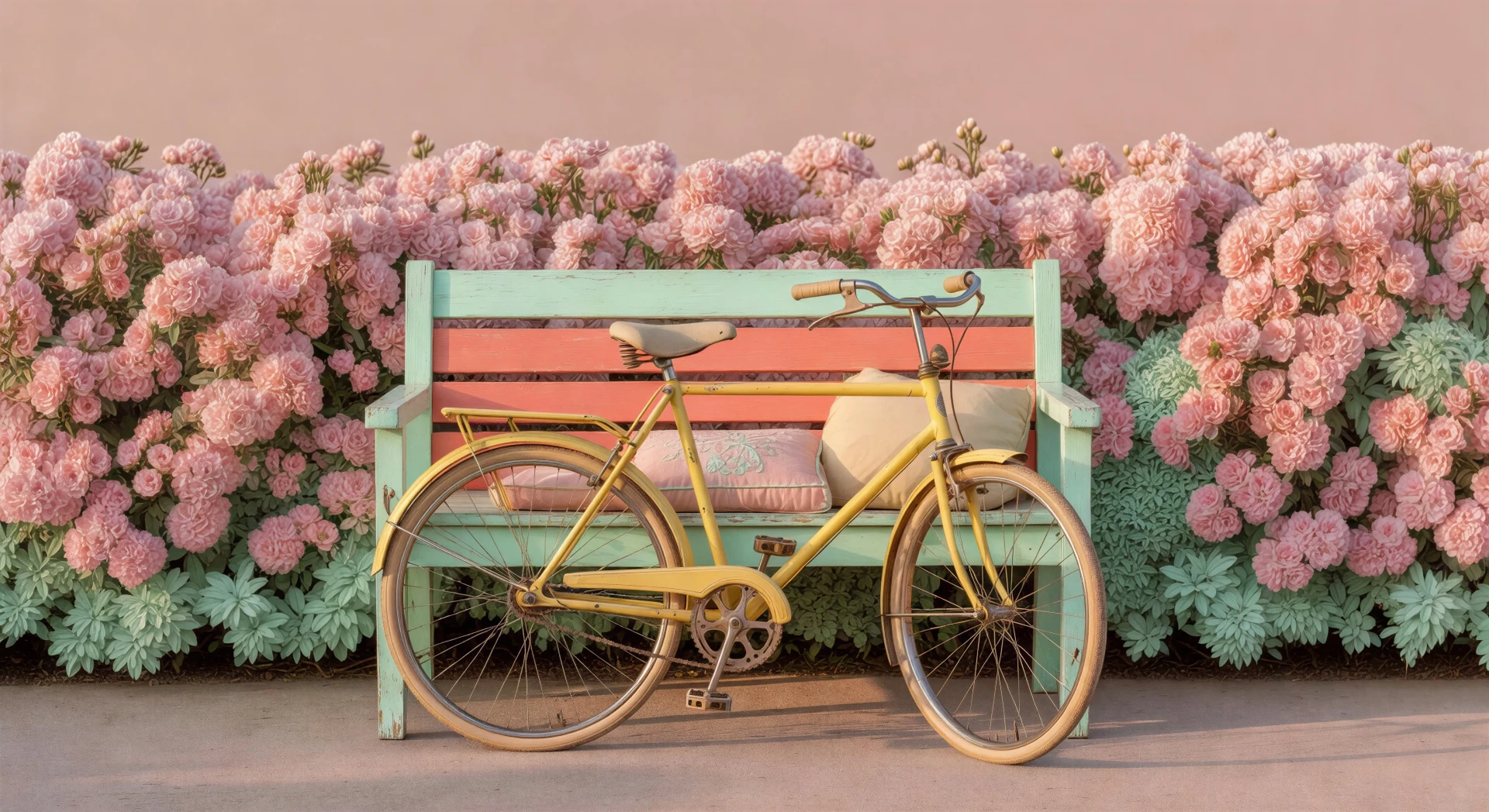 Garden bench with bicycle