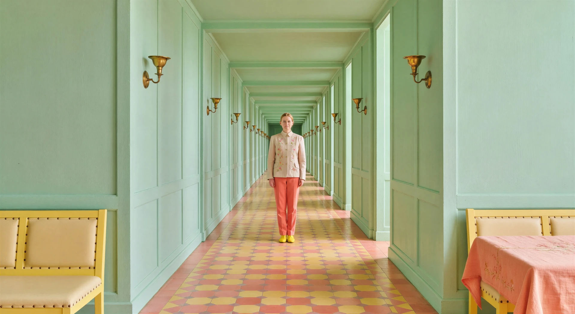 Mint-green corridor with patterned floor