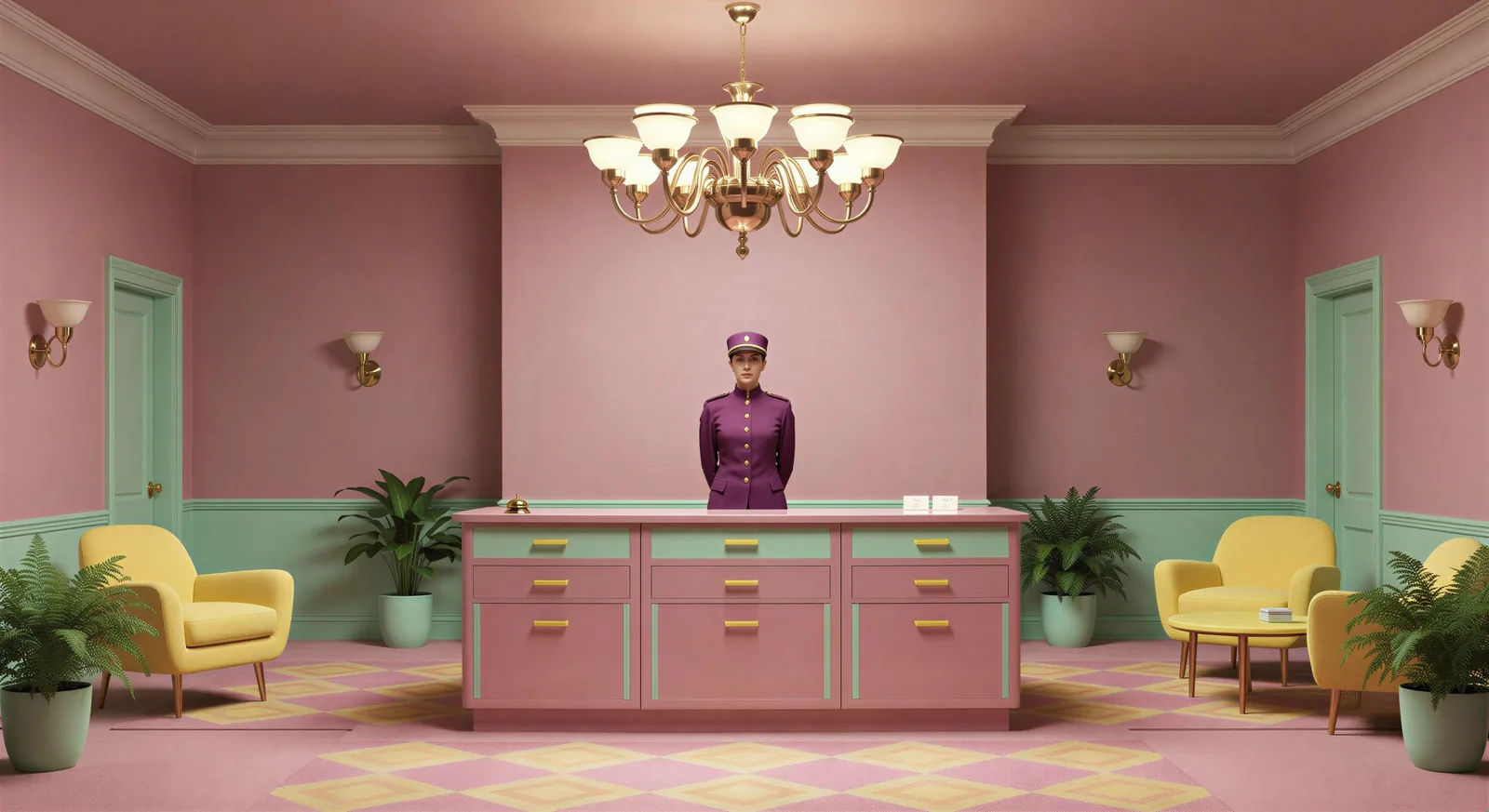 Pink hotel lobby at dusk