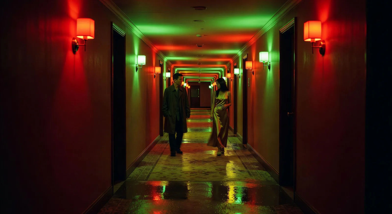 Two figures pass in a neon hotel corridor