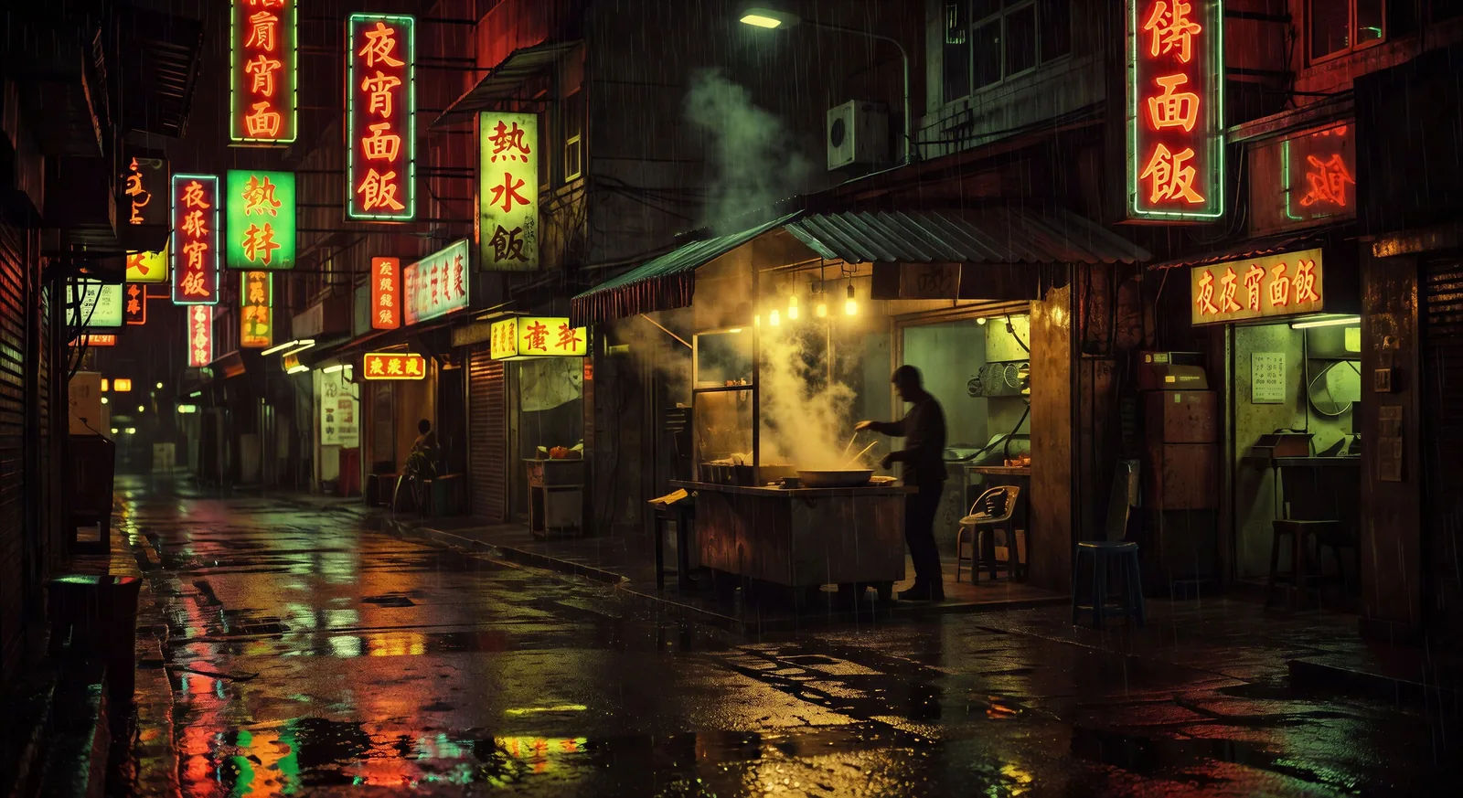 Rain-soaked noodle stall at midnight