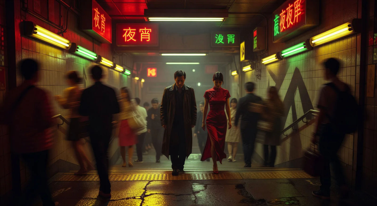 Step-printed crowd through the subway stairs