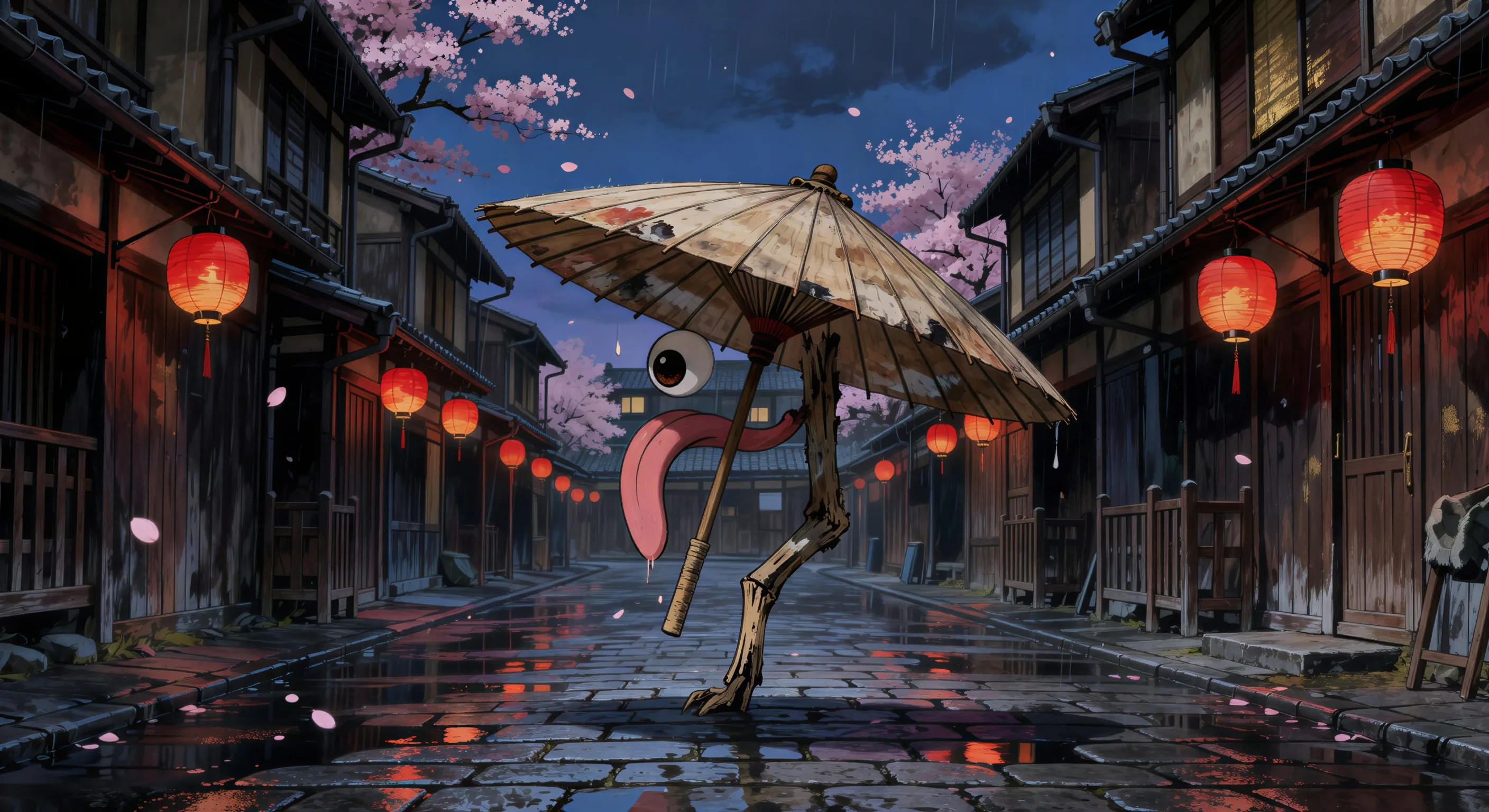 Kasa-obake on the rainy street