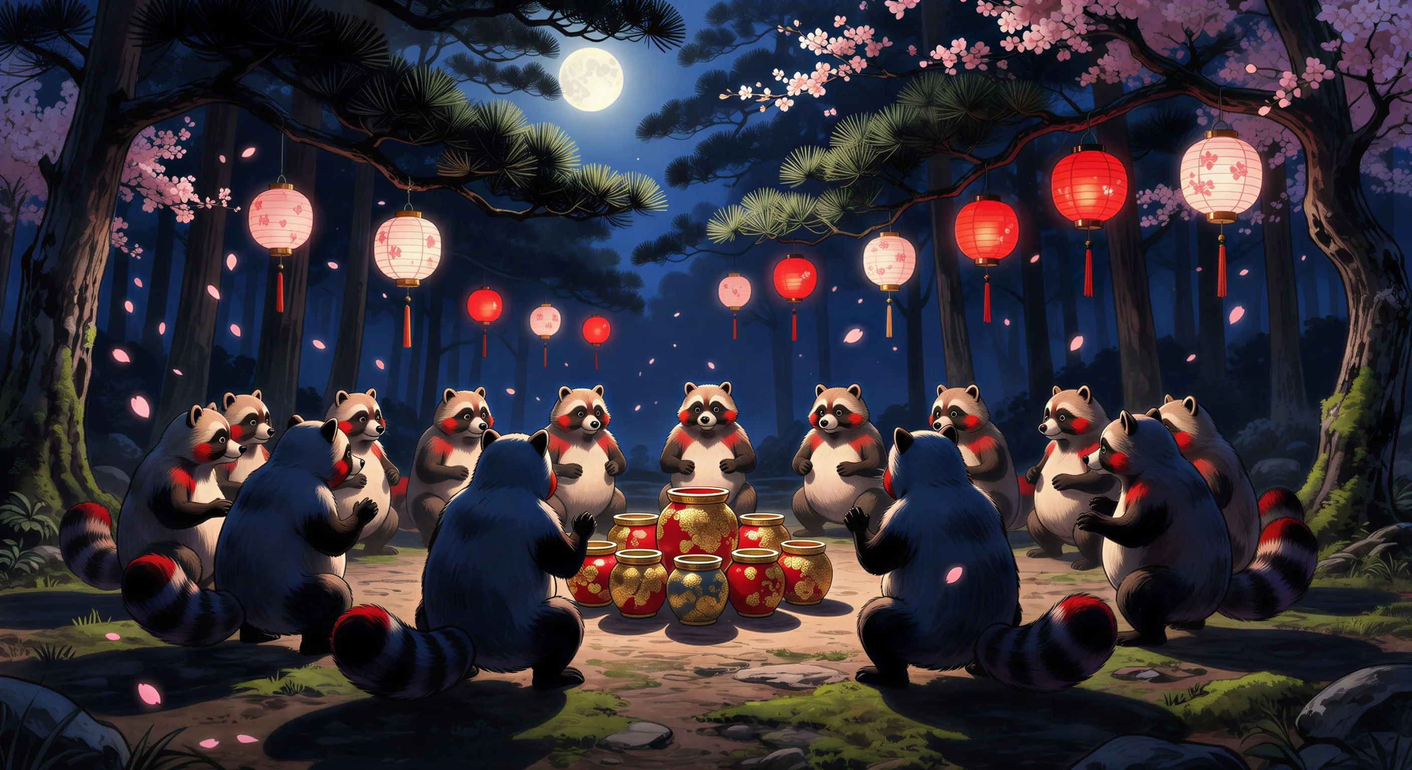 Festival dos tanuki sob a lua