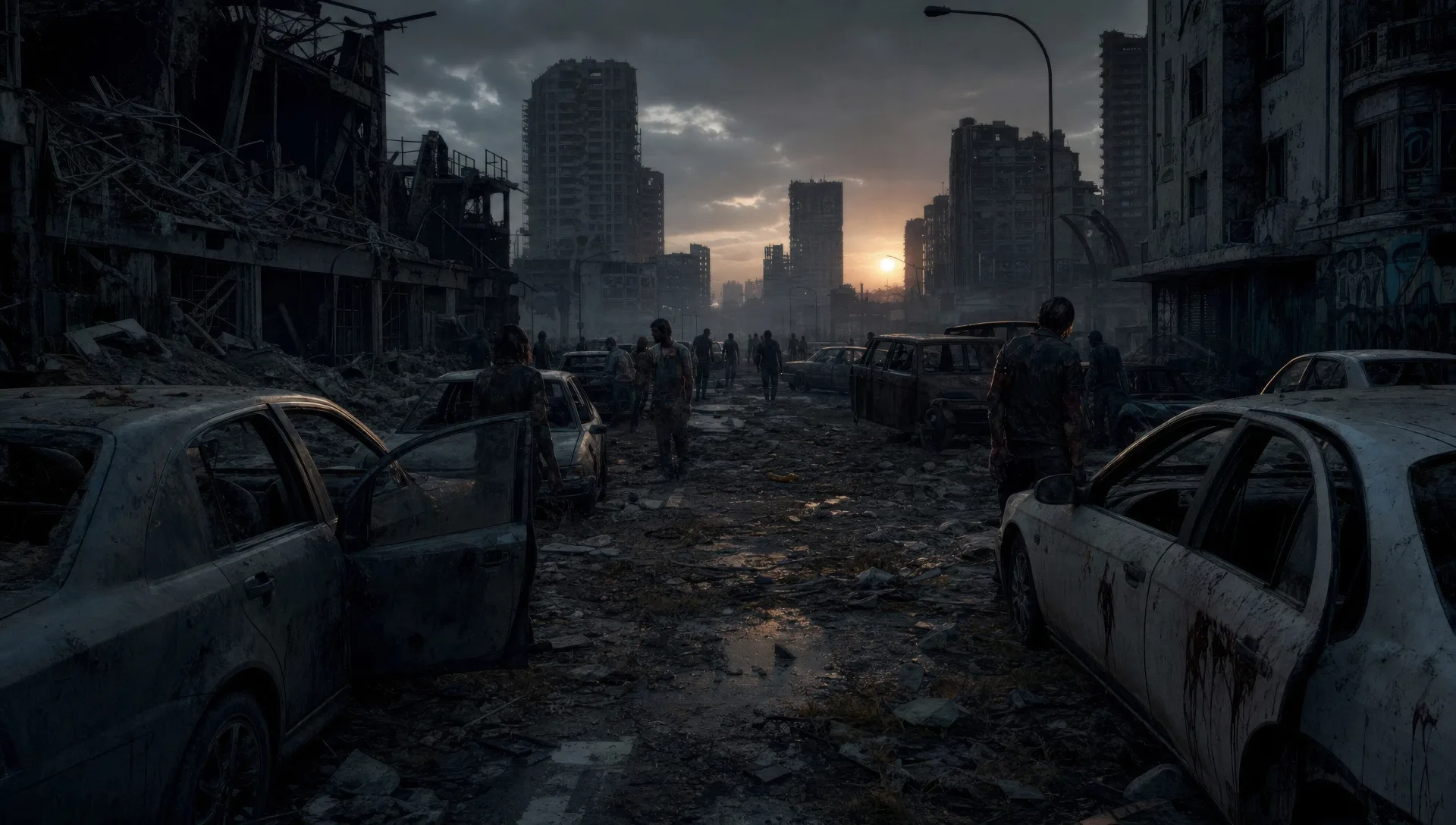 Overrun city street at dusk
